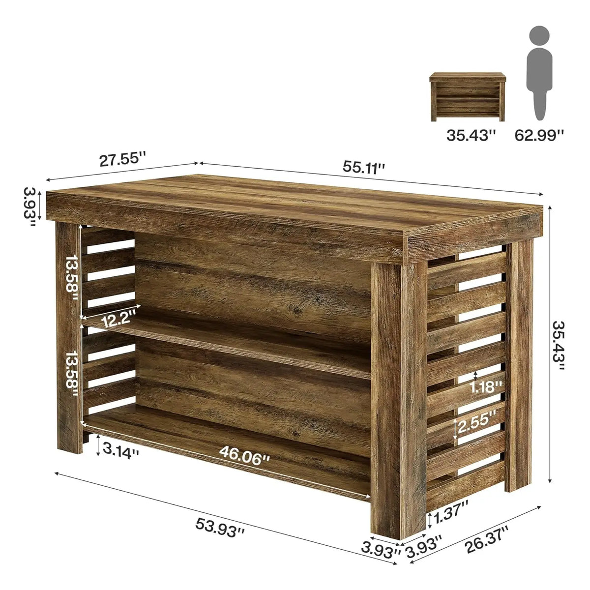 Kitchen Island With Seating, Farmhouse Wood Table And Storage Shelves