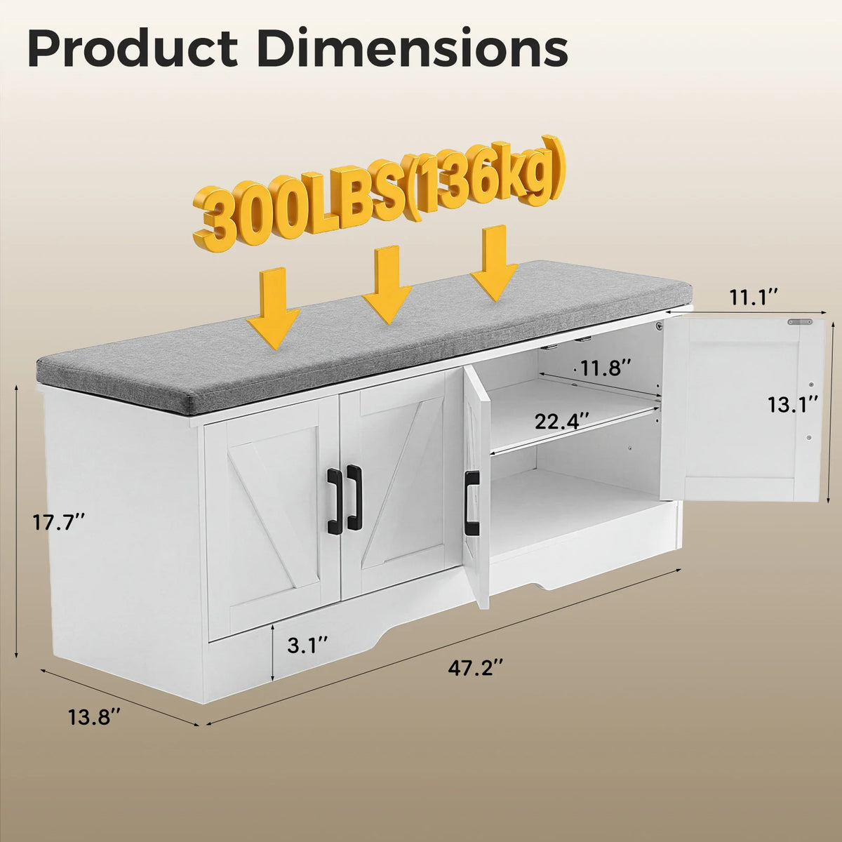 JHK Storage Bench Shoe Organizer Cabinet With 2 Doors Padded Seat Cushion