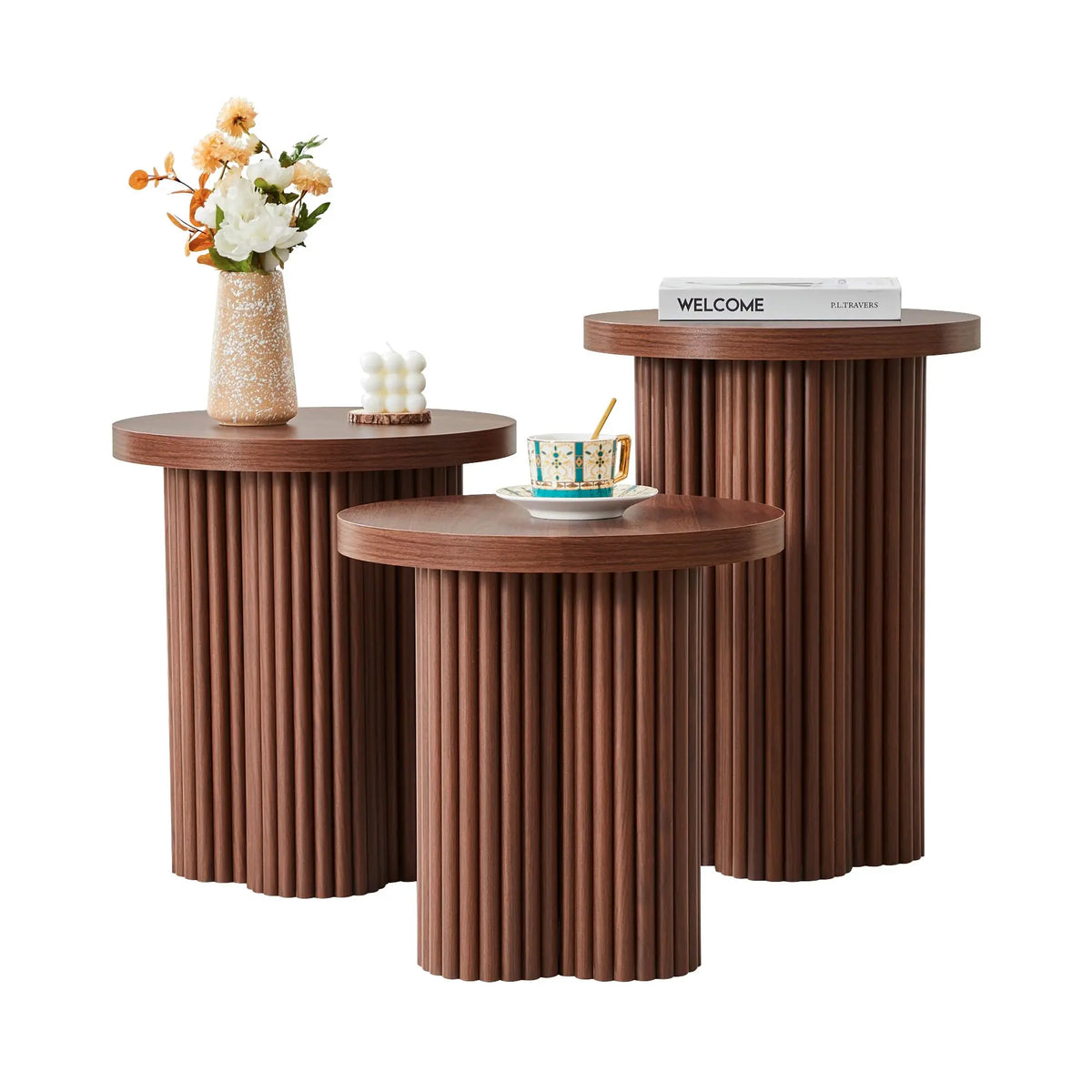 Round Fluted Nesting Coffee Table Set with Plum Blossom Legs