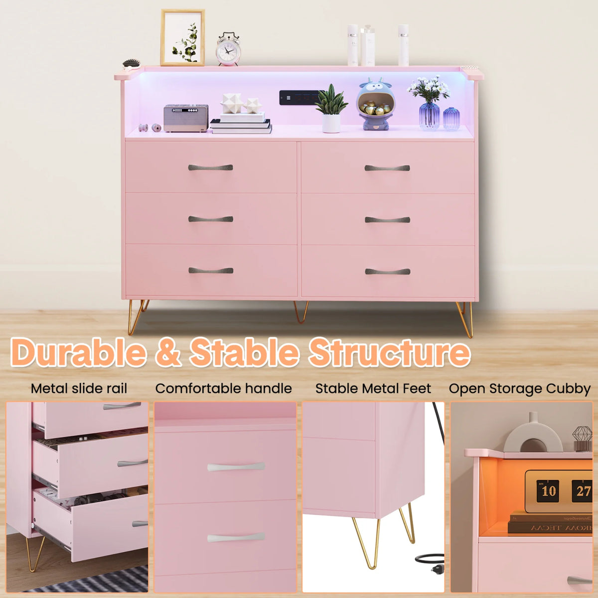 Dresser With LED Lighting, Charging Station And Open Shelves