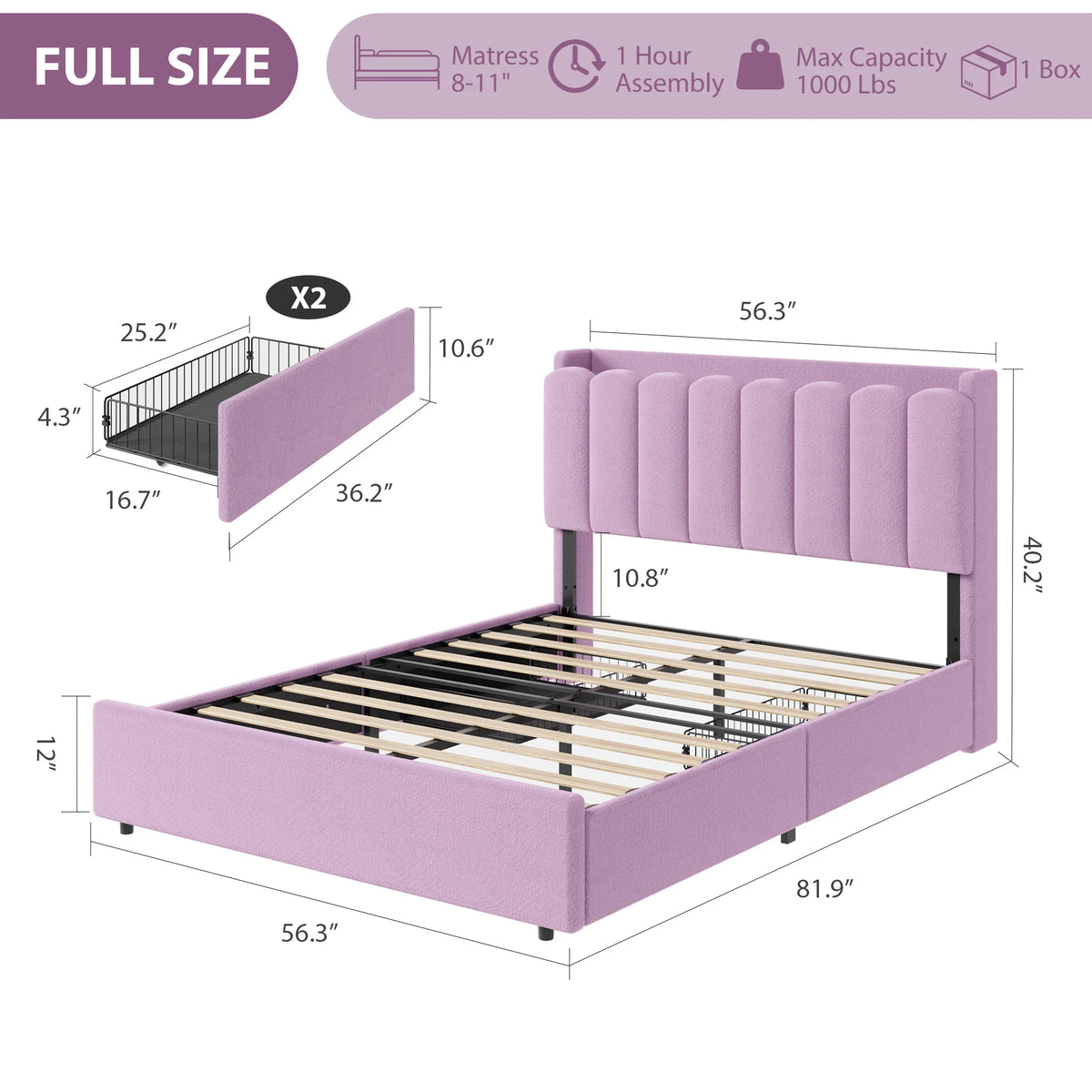 GAOMON Upholstered Bed with RGB LED Lighting and Storage Drawers