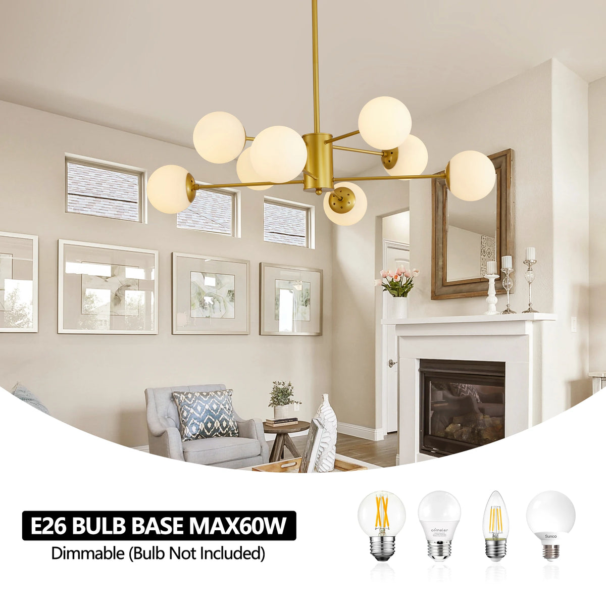 Longree Modern 8 Light Gold Chandelier With White Glass Globes