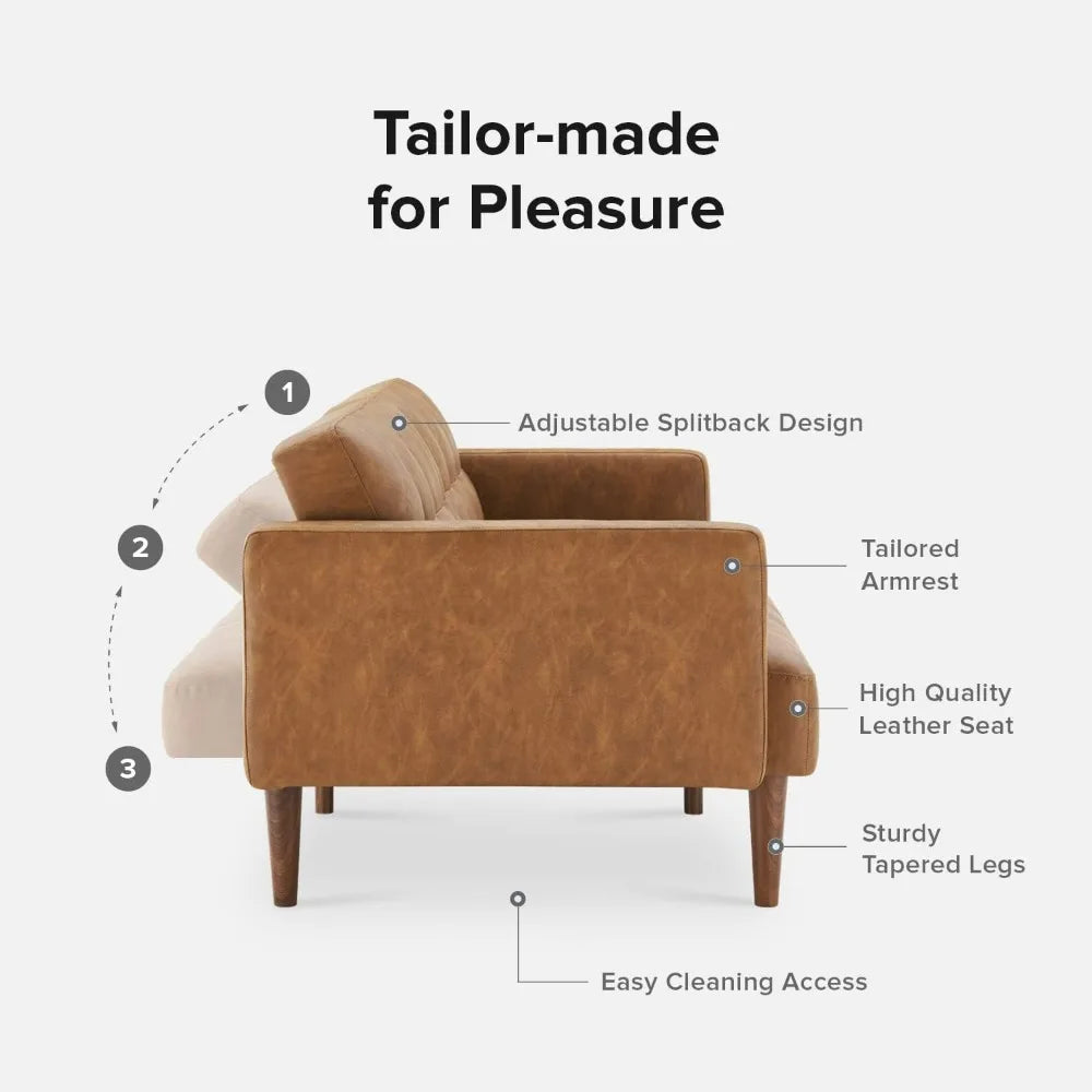 mopio 76.4" Mid Century Futon Sofa Bed PU Leather Loveseat Living Room Pecan Brown
