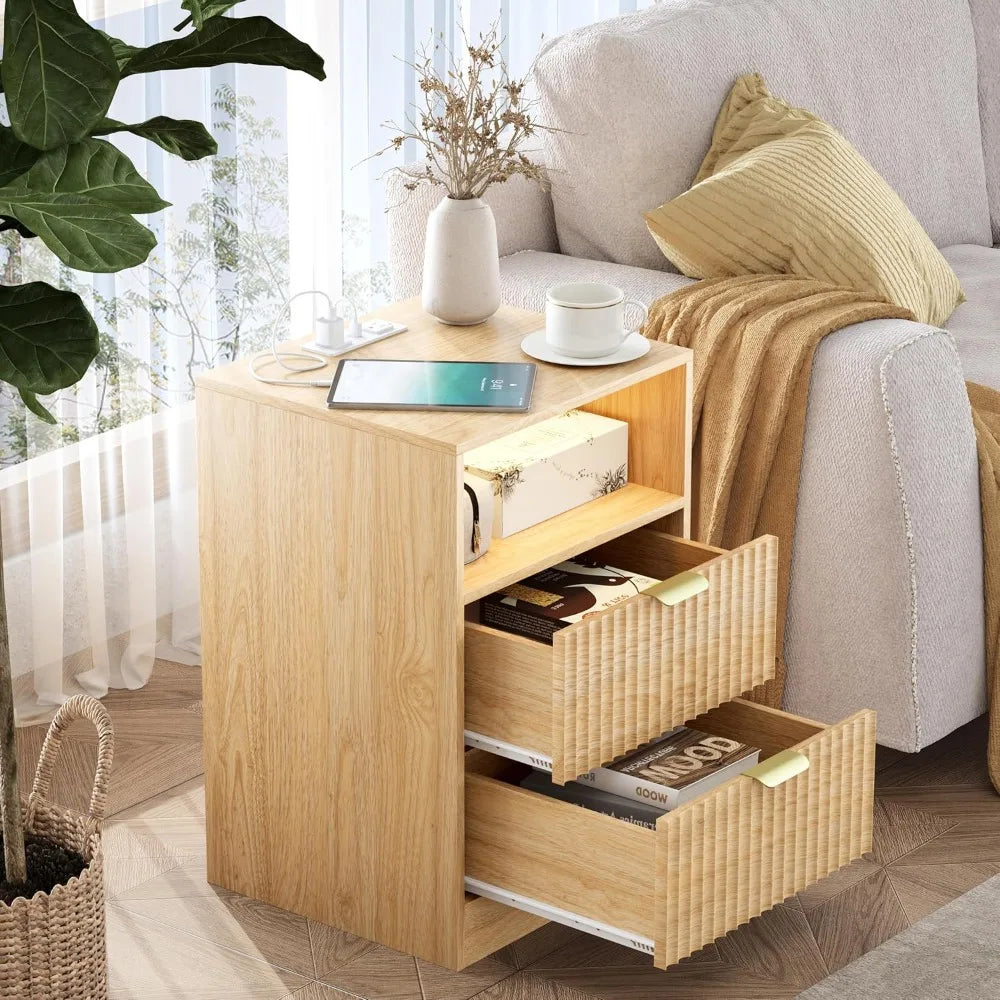 Fluted Nightstand Set Of 2 With LED Charging Station, Farmhouse Style