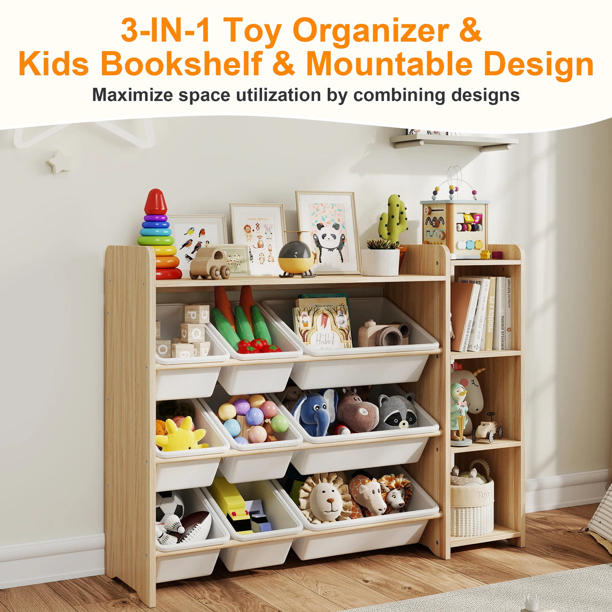 Kids Toy Storage Organizer with Three Tiers and Nine Bins