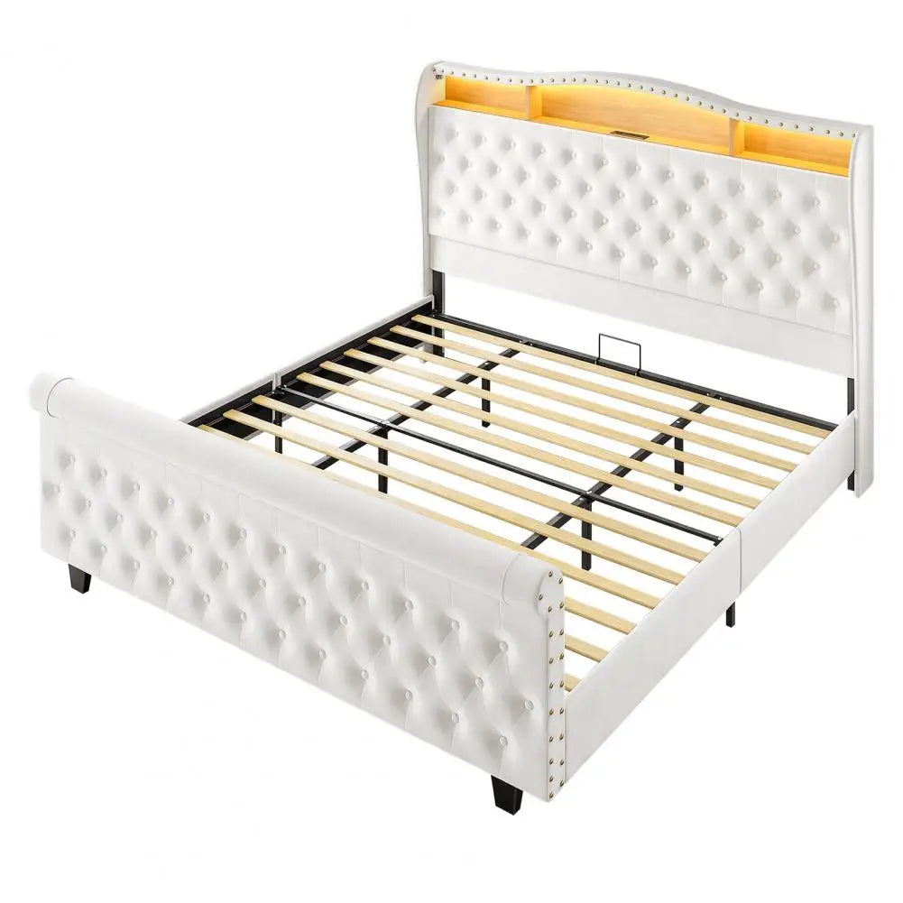 Bedstead King Size Velvet Upholstered Bed Frame with Led Light Built-in Charging Station Storage Space Twin Sleigh Bed