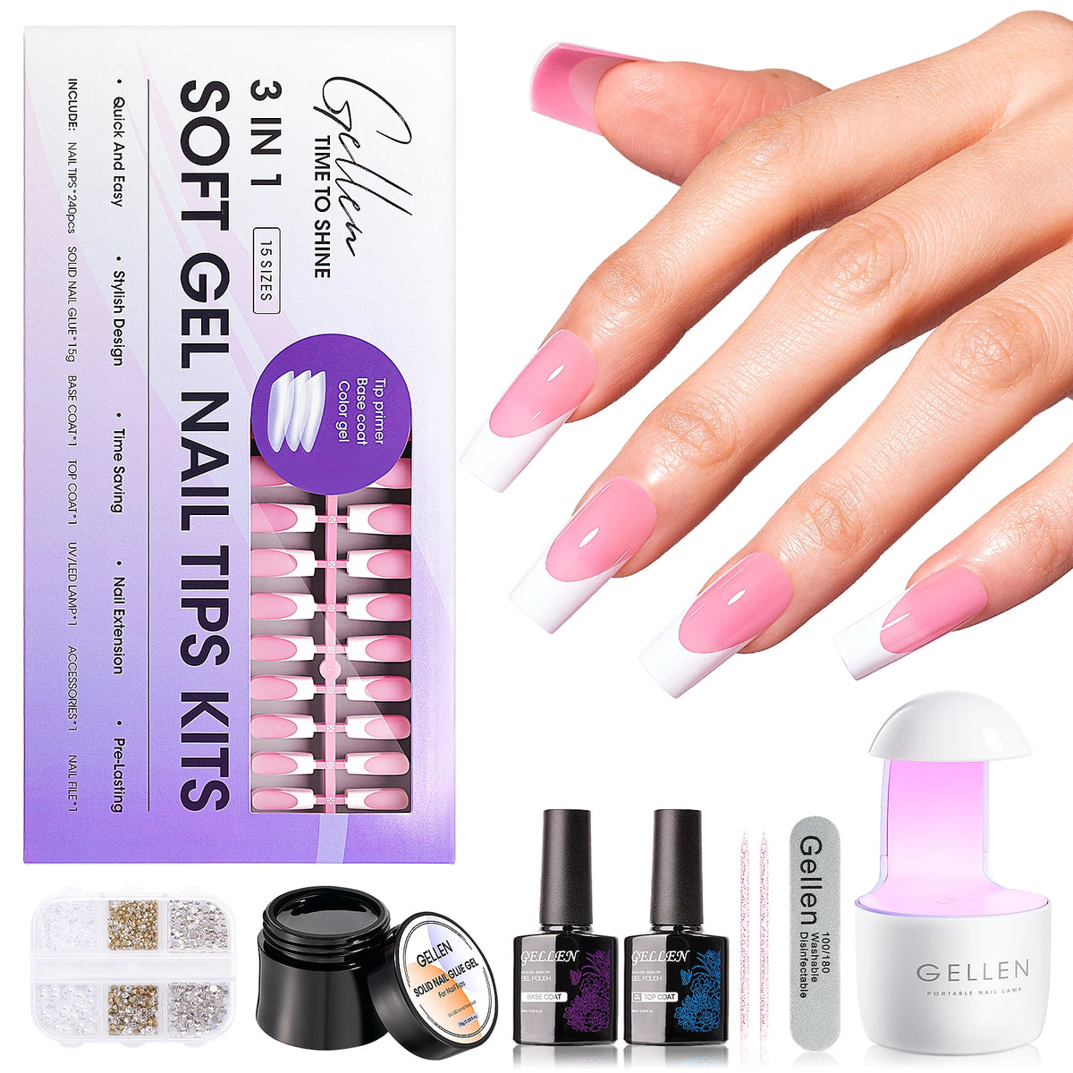 GELLEN Gel Nail Kit With Press On Nails French Tip UV Lamp