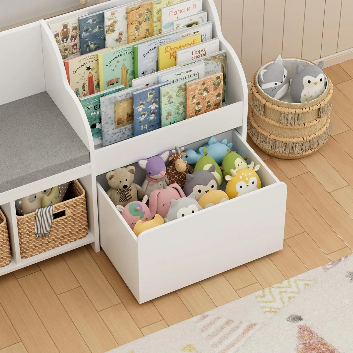 67"W Kids Reading Nook with Bookshelf, Toy Storage Organizer, White | Cushioned Bench & Large Movable Toy Storage Box on Wheels, 6 Open Cubbies for Ease Fetch, Kid Bookcase for Playroom, Kid Room