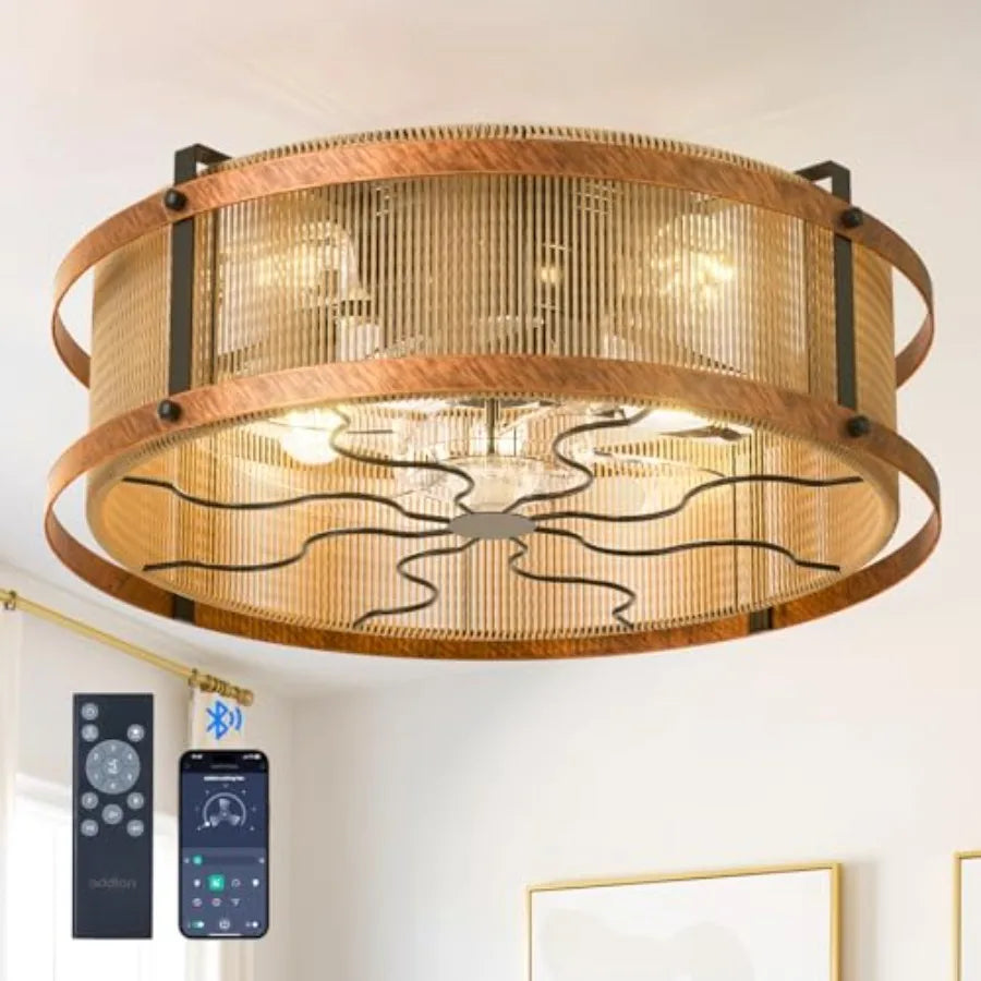 Caged Low Profile Ceiling Fans with Lights and Remote, Small Farmhouse Flush Mount Fandelier, 6 Speeds Reversible Ceiling Fan w