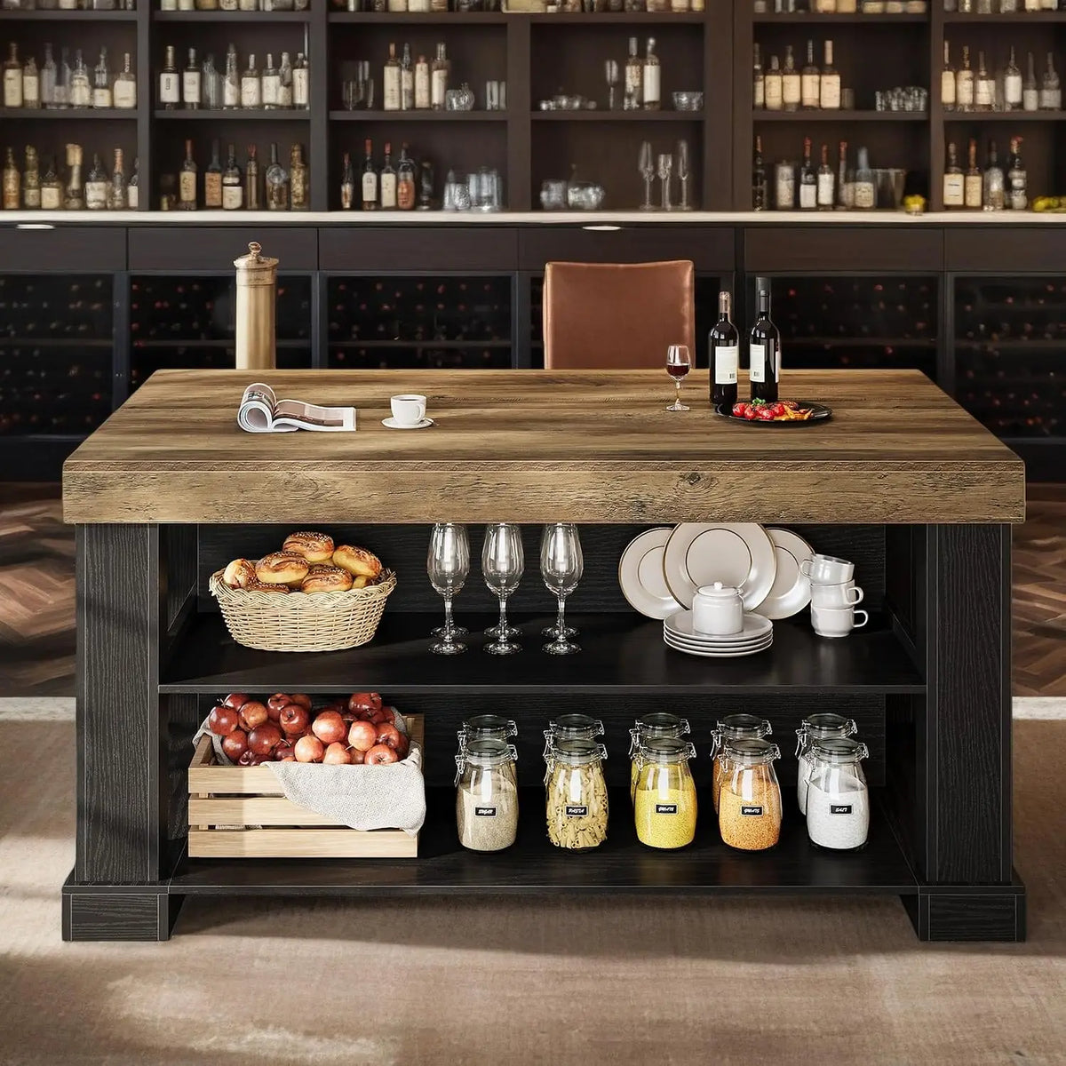 Kitchen Island Table With Large Countertop And 3 Tier Storage