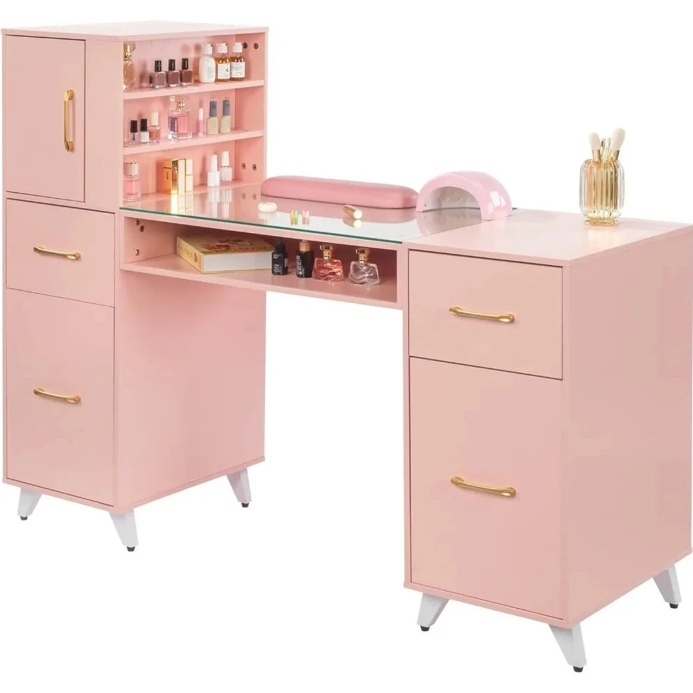 USA Shipping Manicure Table Nail Desk with Glass Top and Wrist Rest, Nail Station, Beauty Salon Nail Supplies