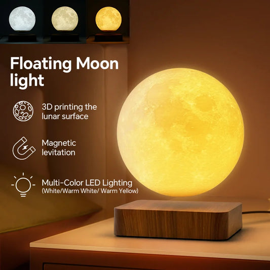 Magnetic Floating Rotating Moon Lamp with Wooden Base,3 Lighting Modes LED Night Lights of Print 3D for Unique Gifts, Room