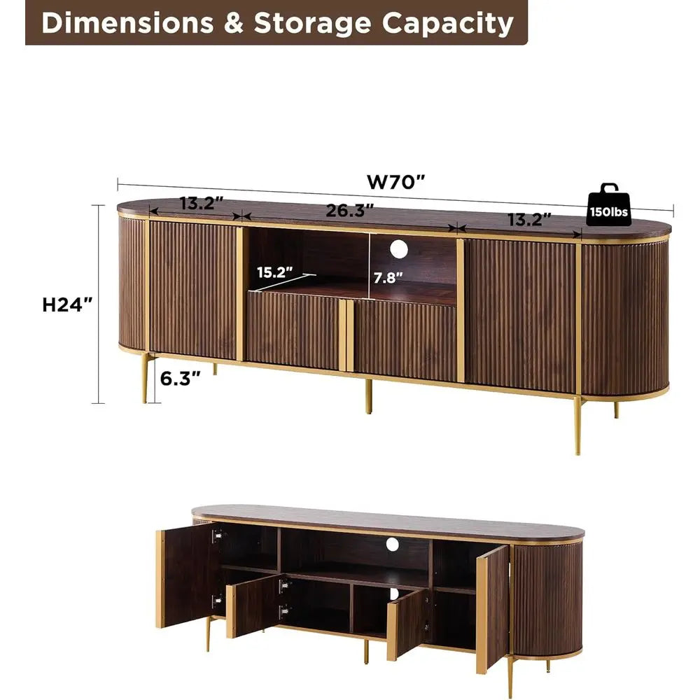 Modern Fluted TV Stand With Faux Marble Top And Storage