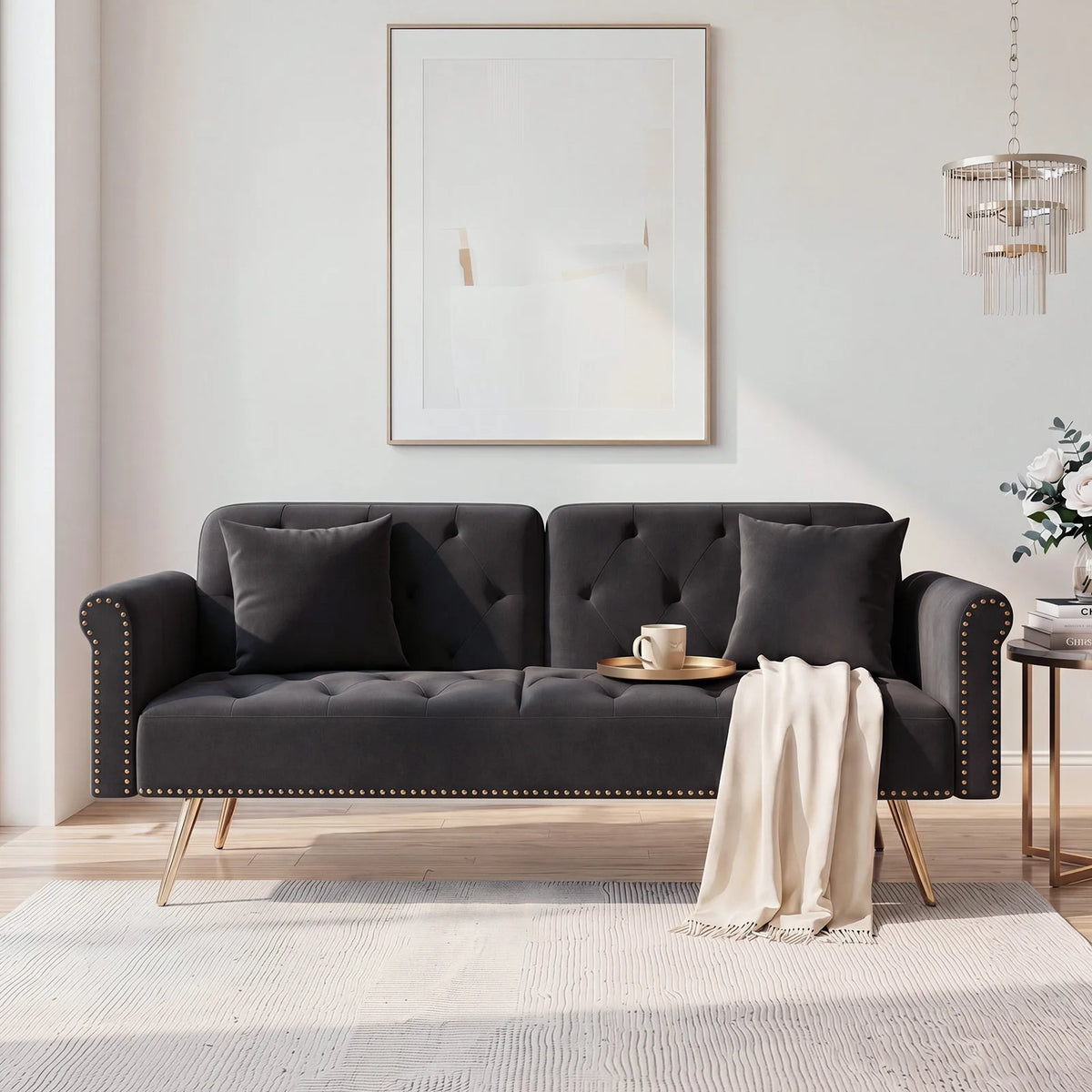 Modern Velvet Convertible Sofa Bed With Comfortable Matching Cushions