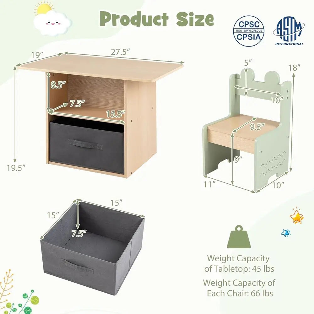 Wooden Kids Table and Chairs with abric Der | Toddler Activity Desk Set w/ 2 Open Comparents & Spacious Desktop, Indoor Children