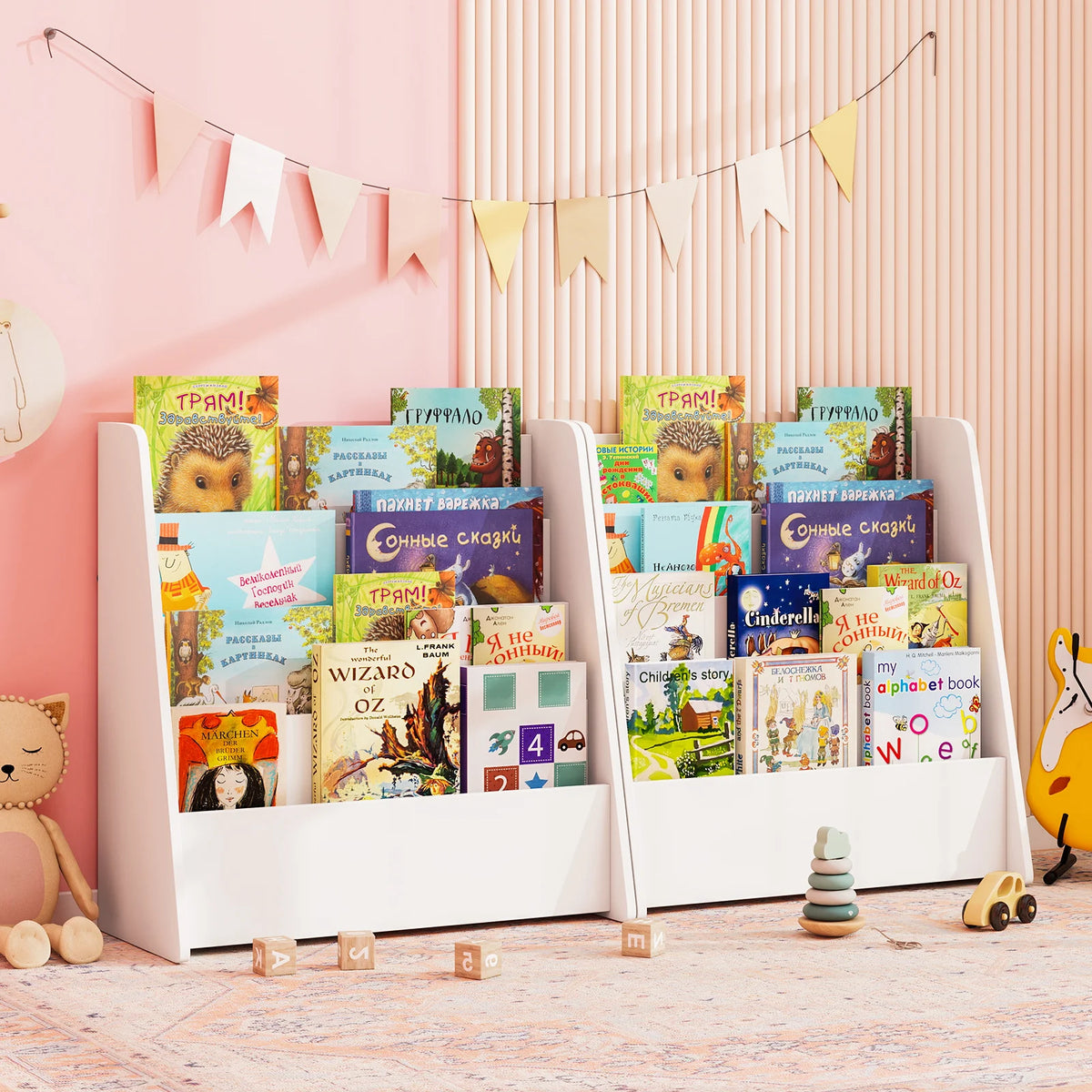 4-tier Kids Wooden Bookshelf Toddlers Book Rack w/ Deep Shelves Natural
