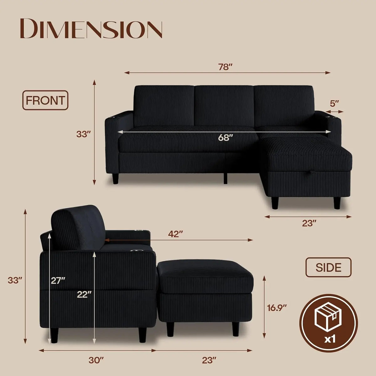 Convertible Sectional Sofa With Storage Ottoman And Cup Holders
