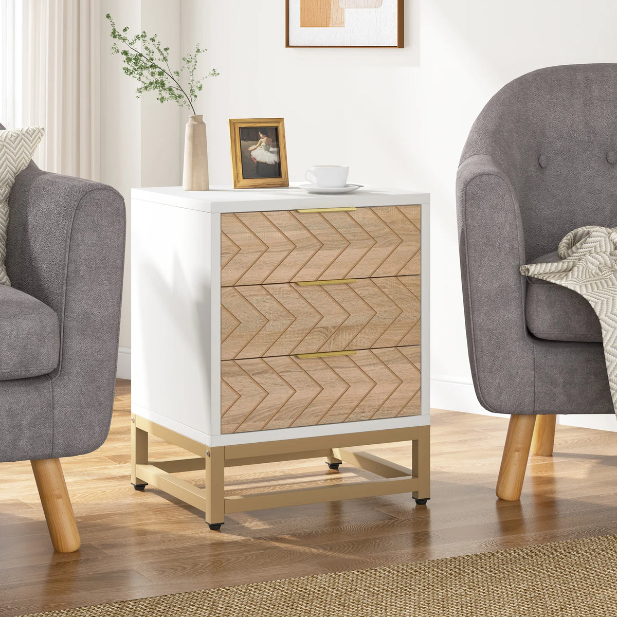Tribesigns 3 Drawers Nightstand Set of 2, Modern Bedside Table with Unique Chevron Design, White End Side Table Night Stands