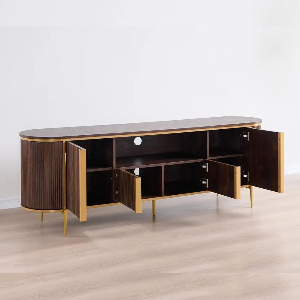 Modern Fluted TV Stand With Faux Marble Top And Storage