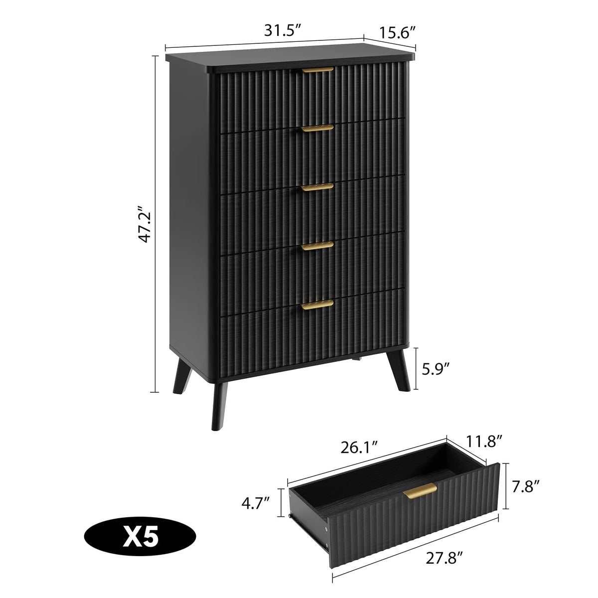 Modern Fluted Five Drawer Dresser With Deep Storage Cabinet