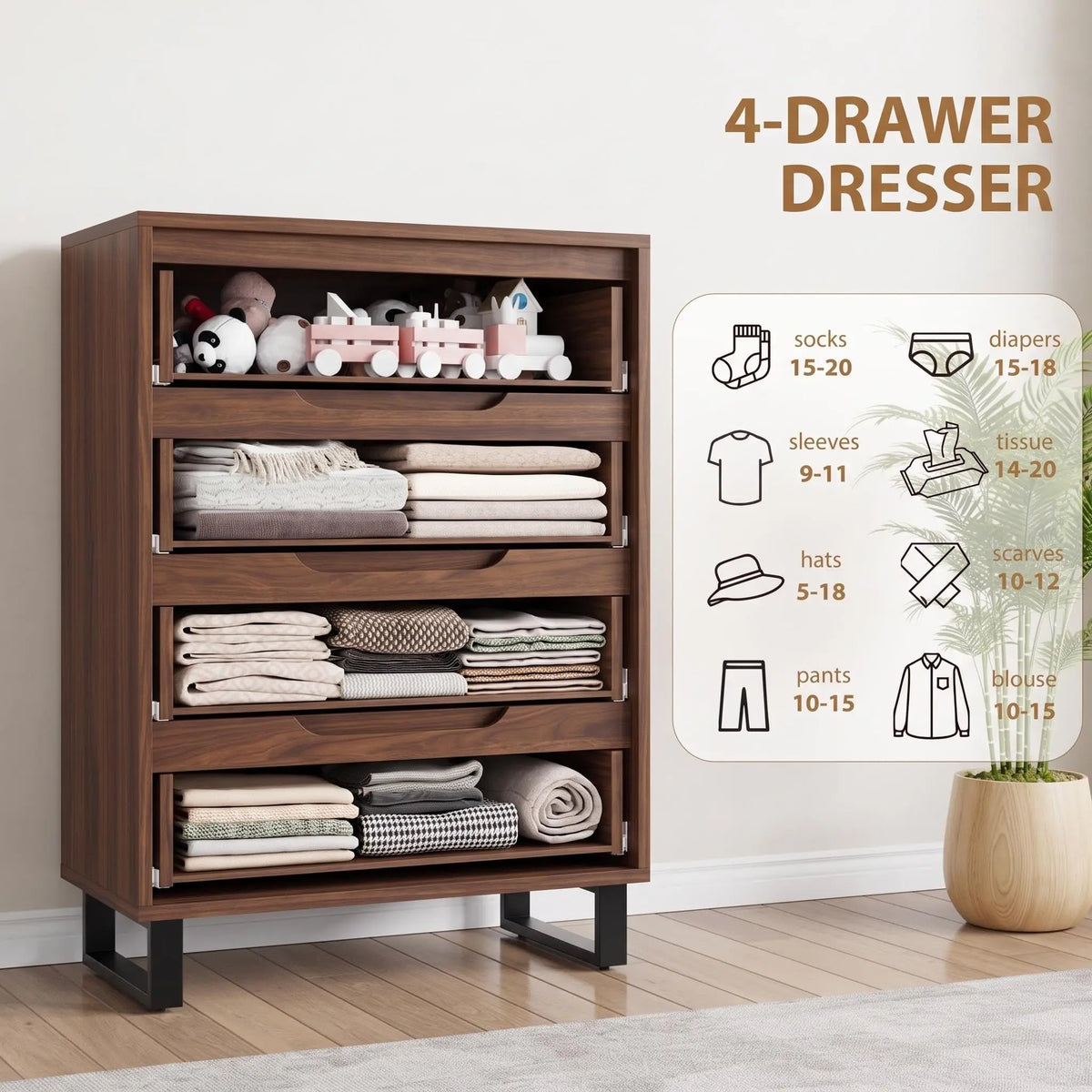 Freestanding Wooden Storage Dresser With Spacious Drawers And Metal Frame