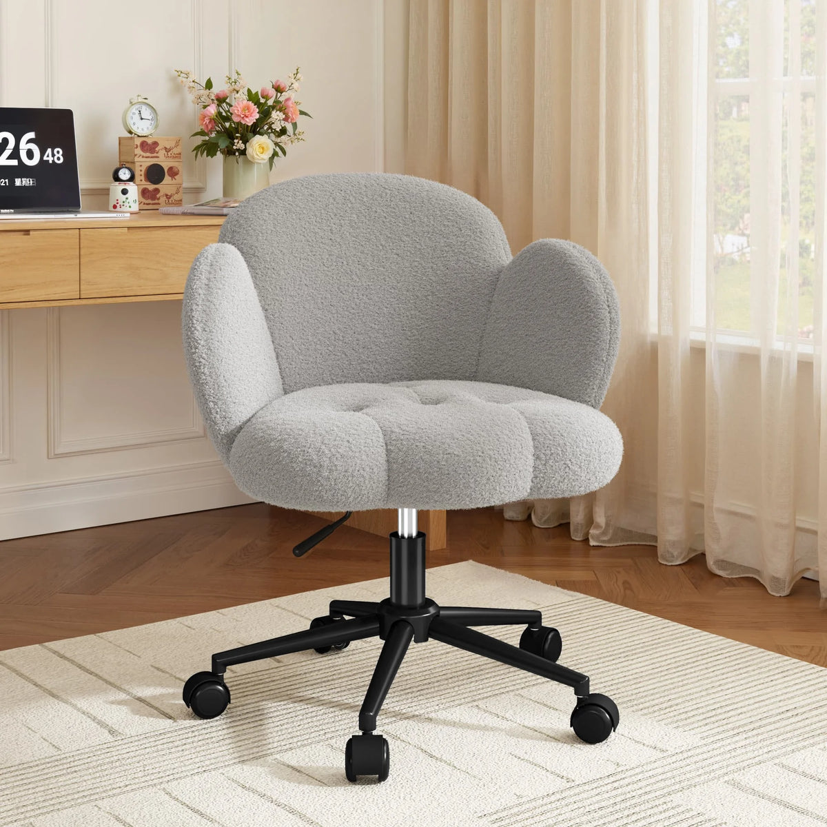 EnHomee Petal Vanity Chair with Wheels, Aesthetic Height Adjustable 360°Swivel Desk Chair, 3.5" Thick Comfy Backrest Task Chair for Bedroom Living Room