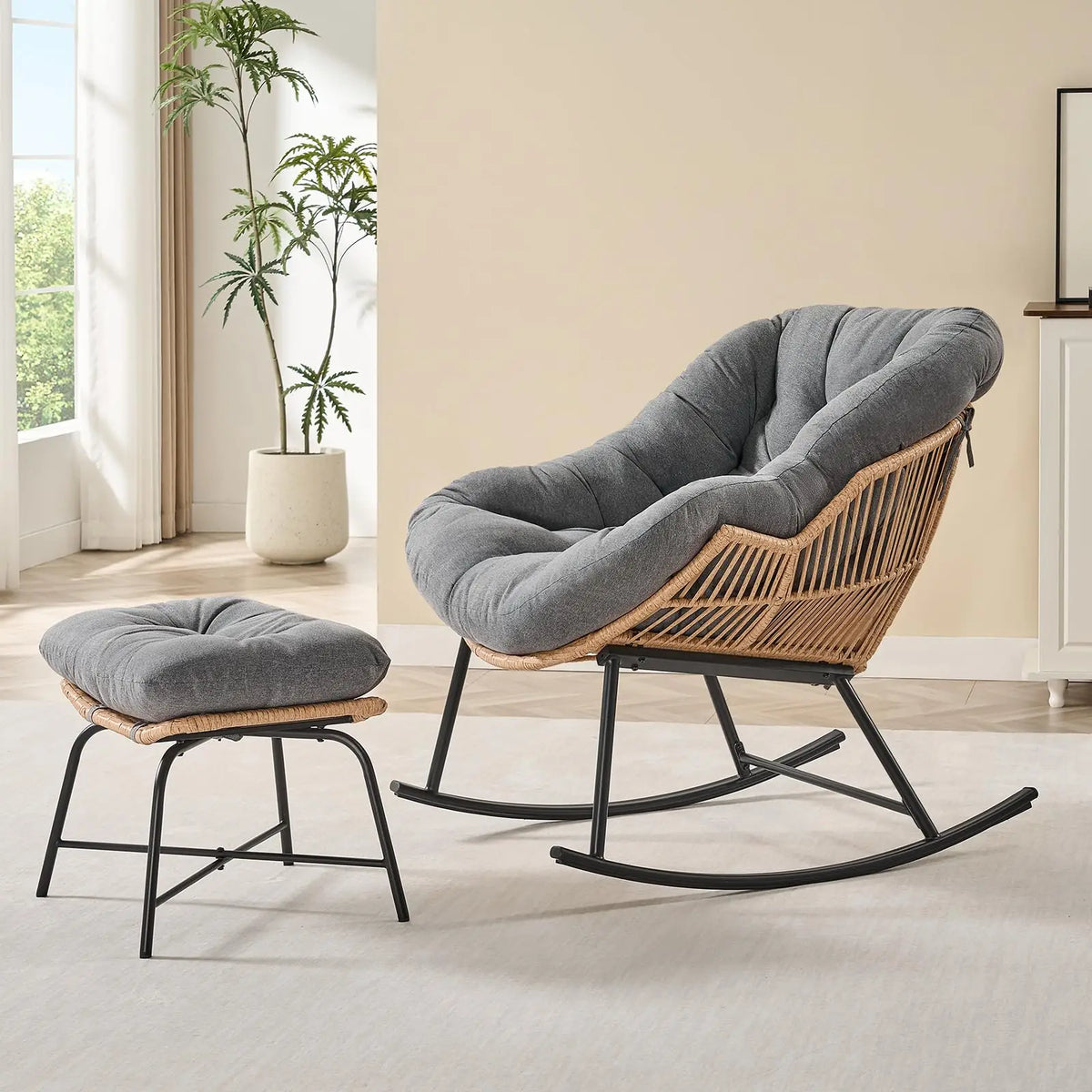 ONBRILL Rattan Papasan Rocking Chair With Ottoman Indoor Outdoor Lounge