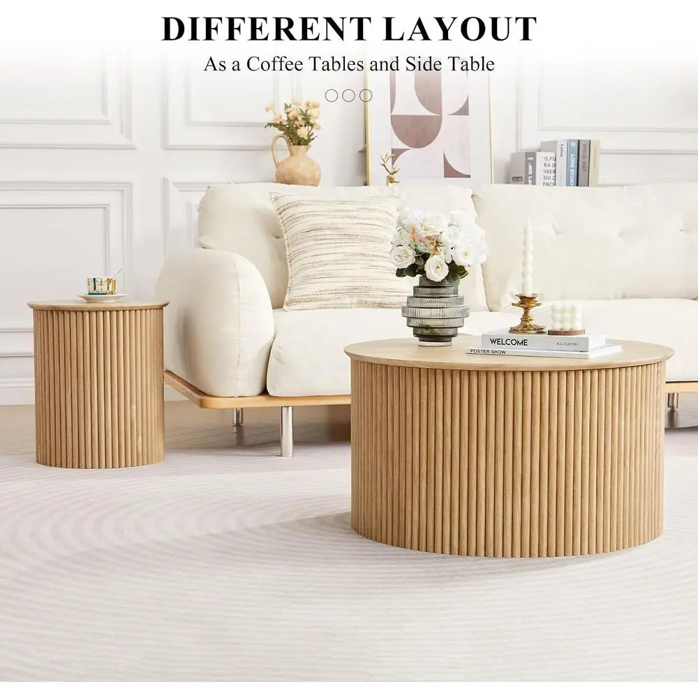 luted Round Nesting Coee Table Set o 2, Century ern Wood Coee Tables and End Table Set, Circle Side Table Minimalist Center Tabl