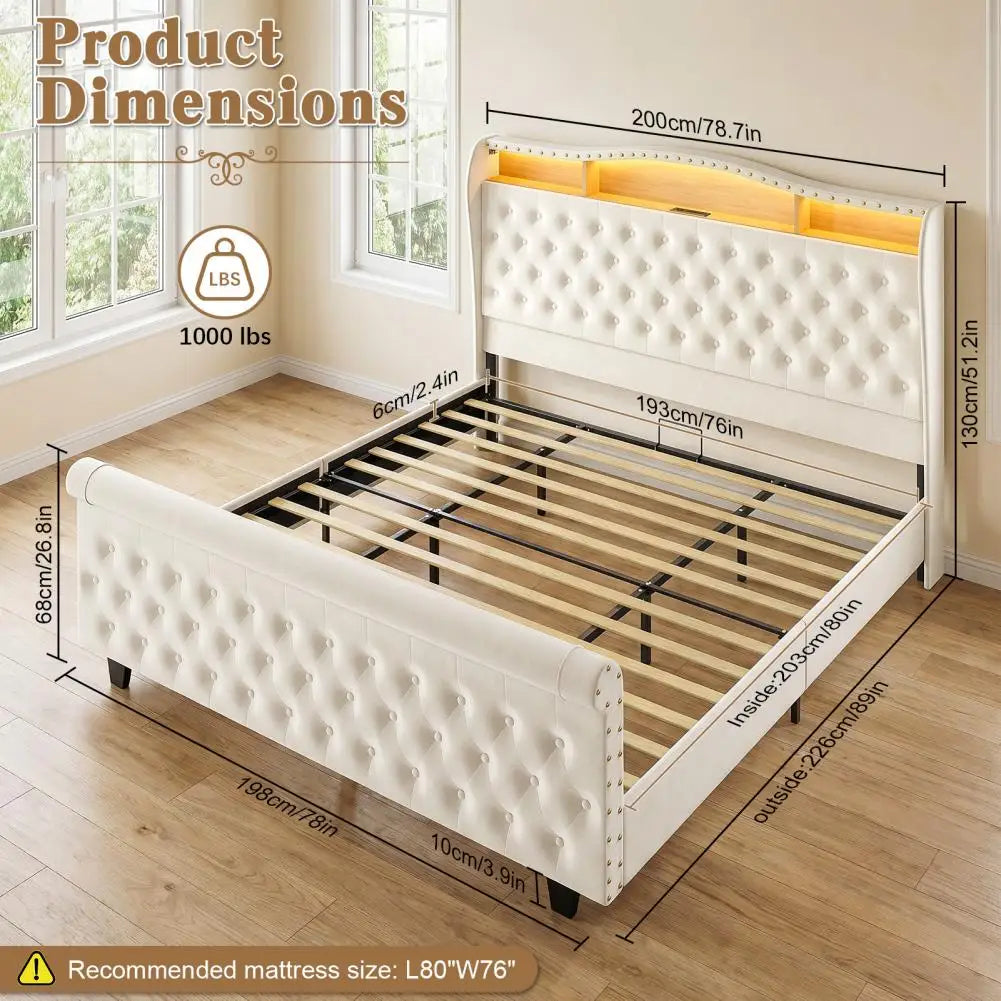 Bedstead King Size Velvet Upholstered Bed Frame with Led Light Built-in Charging Station Storage Space Twin Sleigh Bed