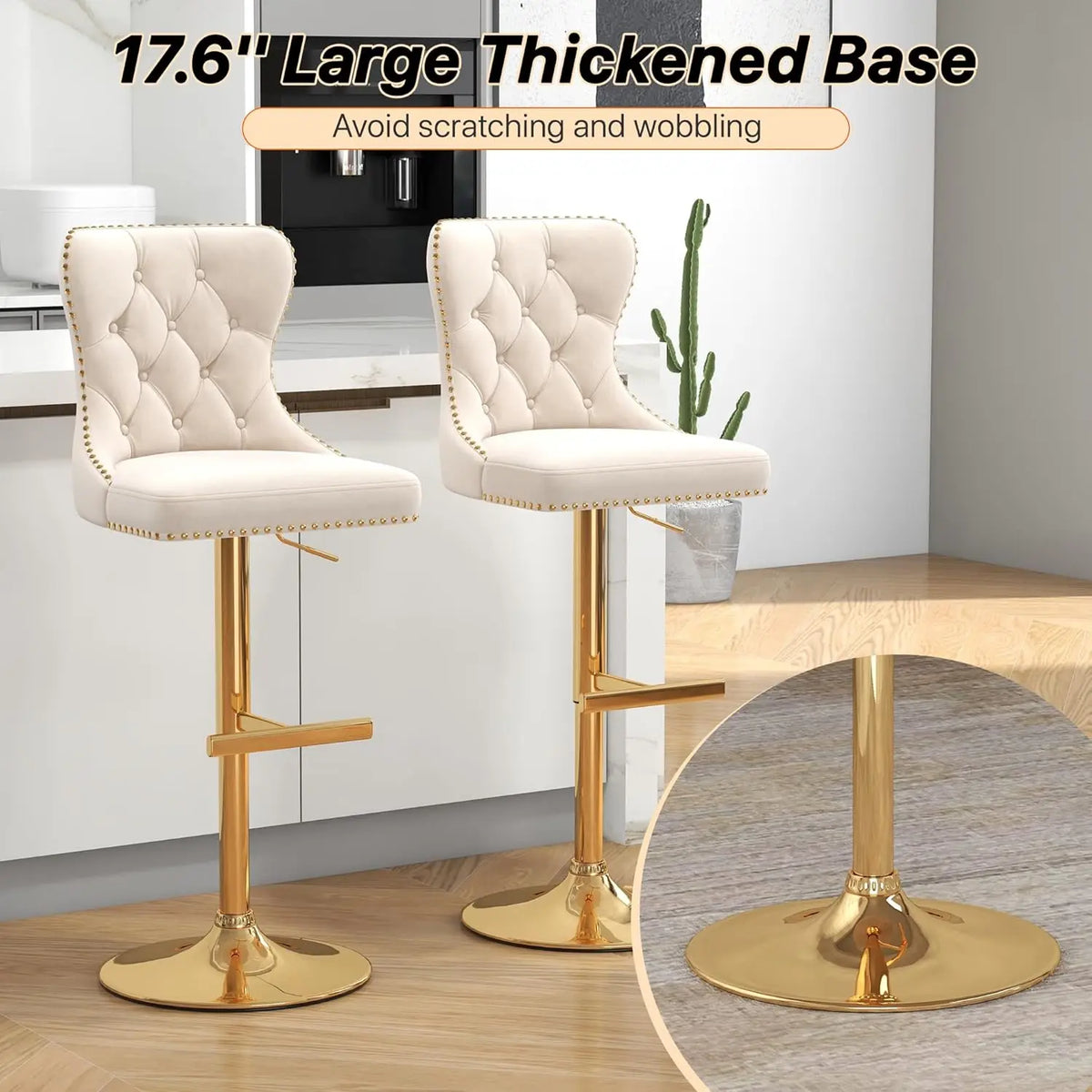 Velvet Swivel Counter Height Bar Stools Set 4 Tufted Back Nailheads Gold Base Kitchen Pub, Custom