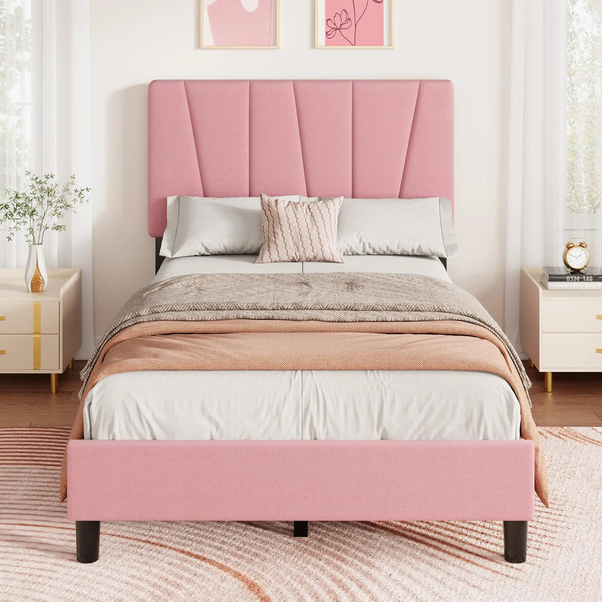 Upholstered Platform Bed Frame With Adjustable Channel Tufted Headboard
