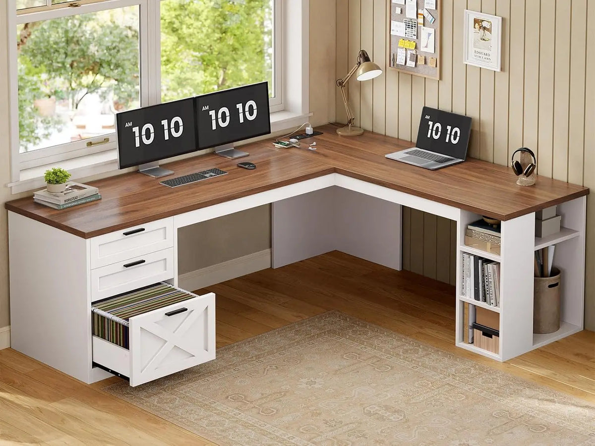Farmhouse L Shaped Desk With Drawers And Storage Shelves