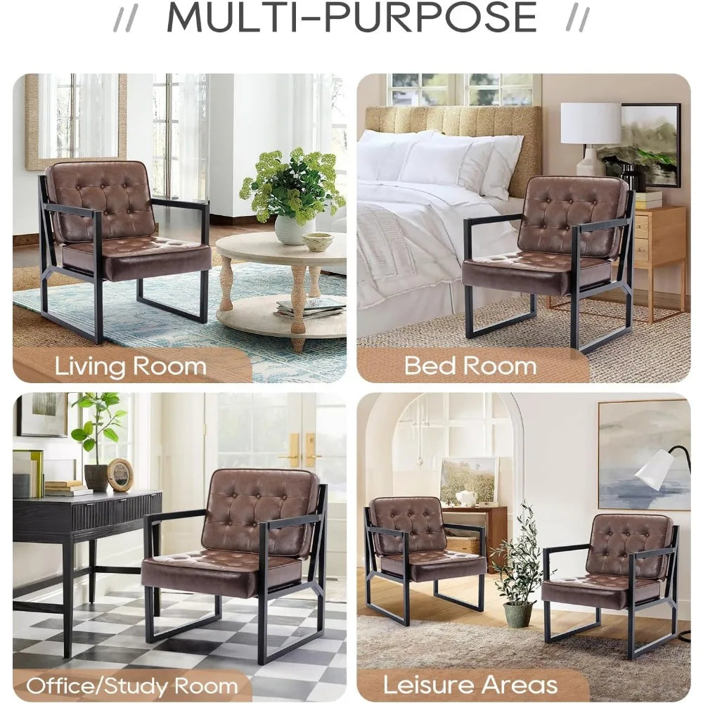 Mid Century Modern Accent Chair, Comfortable Brown Leather, Metal Legs for Various Rooms
