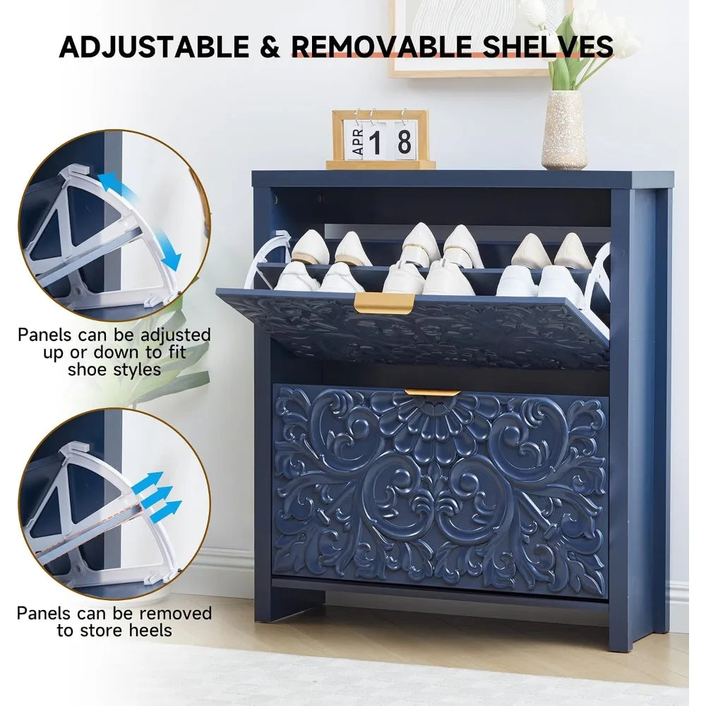 Narrow Flip Drawer Shoe Cabinet for Entryway Storage, Slim 2-Tier Shoe Organizer for Hallway Foyer