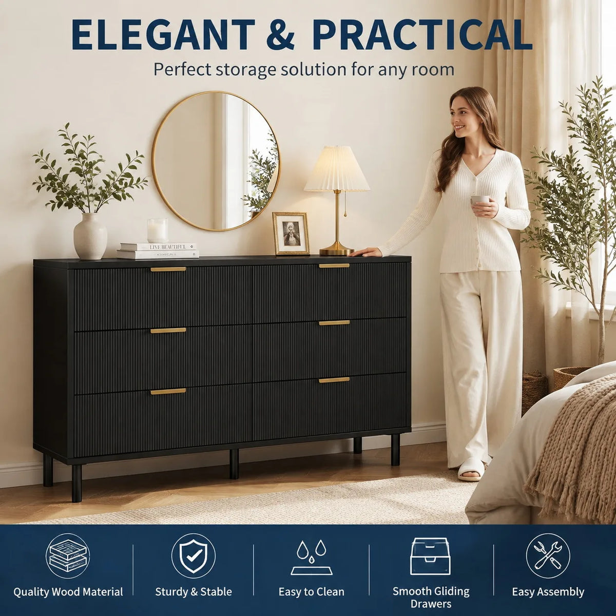 Fluted 6 Drawer Dresser with Metal Legs Wide Storage Cabinet Wood Chest of Drawers Anti Tipping Design Bedroom Living Room Hallway Organizer