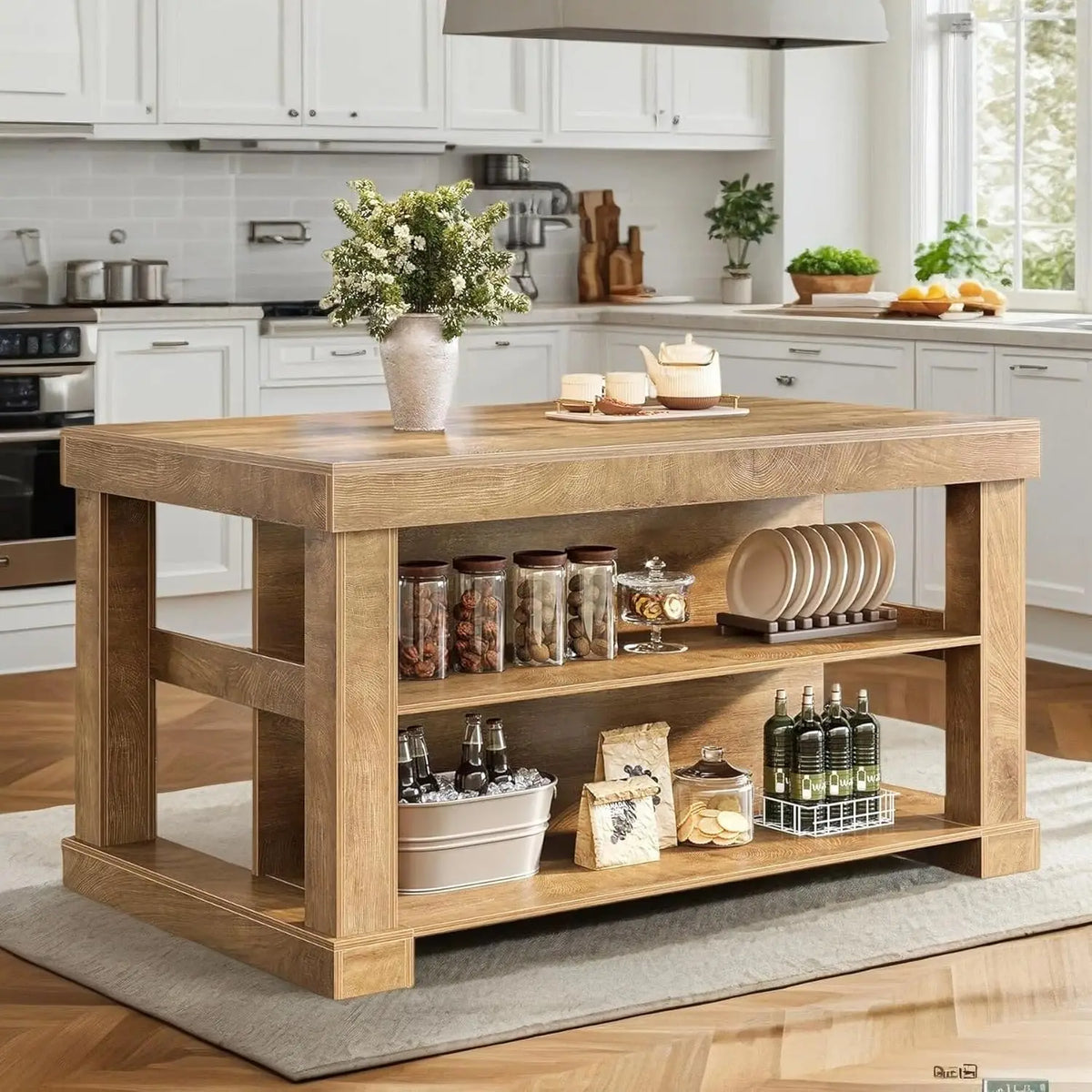Kitchen Island Table With Large Countertop And 3 Tier Storage