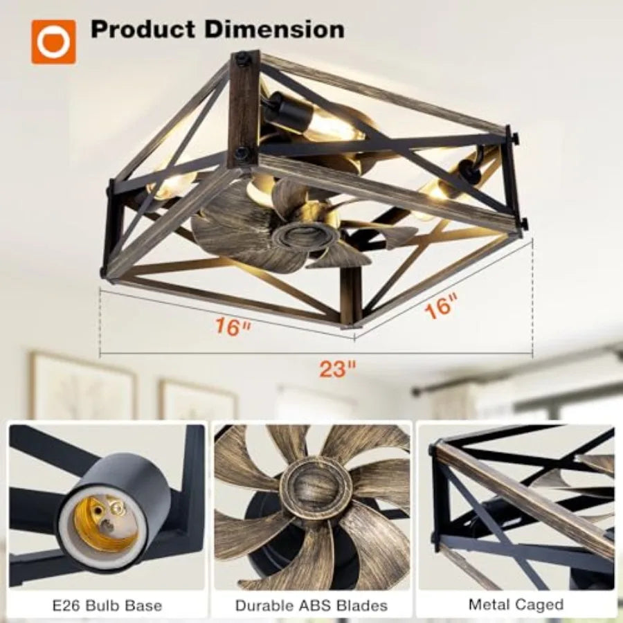 Caged Low Profile Ceiling Fans with Lights and Remote, Small Farmhouse Flush Mount Fandelier, 6 Speeds Reversible Ceiling Fan w