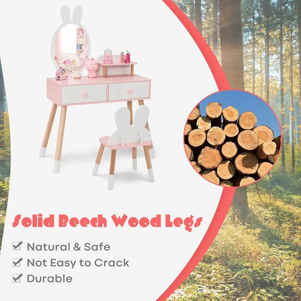 KOTEK Kids Vanity Set with Mirror, Wooden PrincMakeup Dring Table with Stool, 2 Storage Ders & Display Shel, Kids Vanity Table a