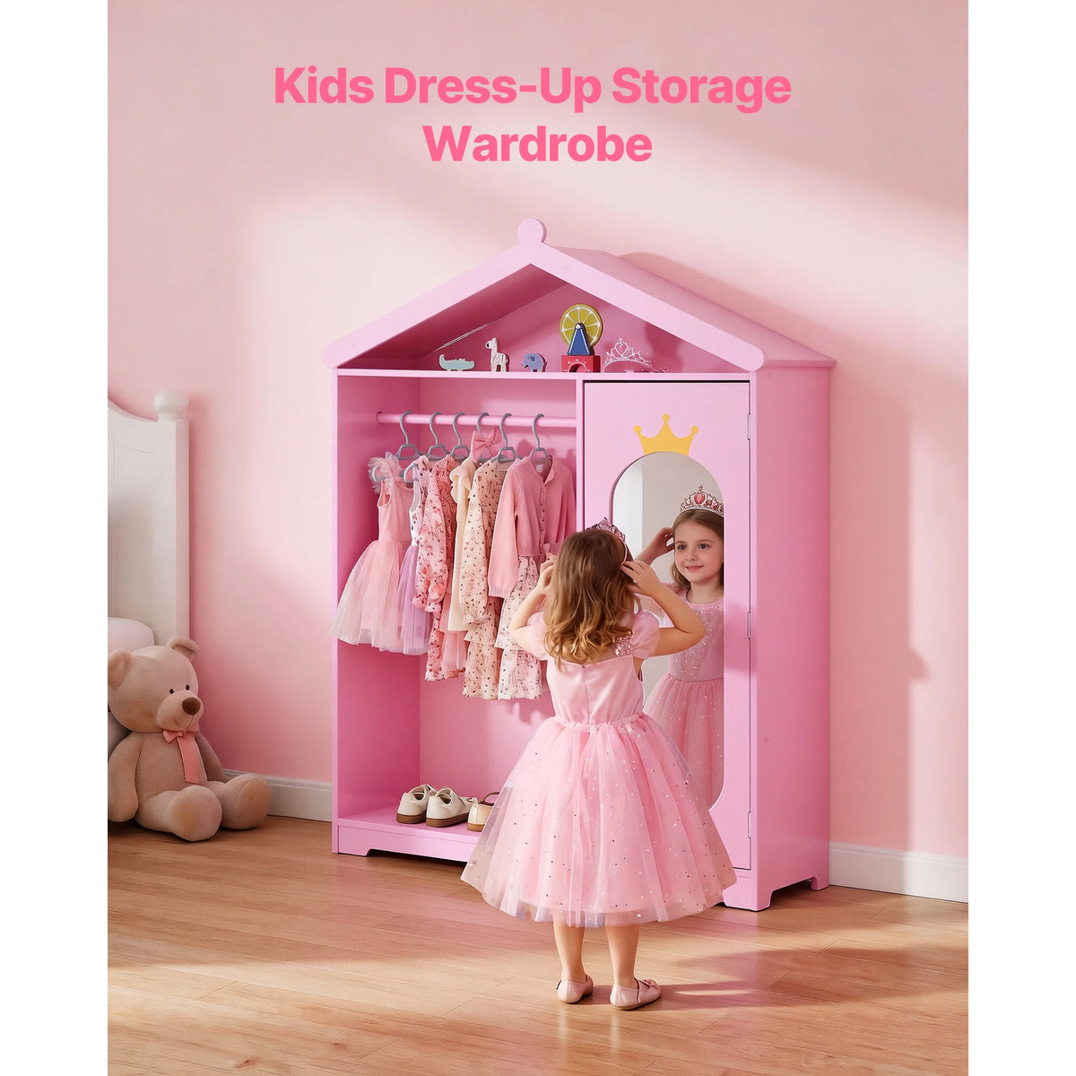SucceBuy Kids Dress Up Storage with Mirror & Dress Up Closet Kids Armoire Wardrobe Costume Organizer for Girls Toddler Bedroom