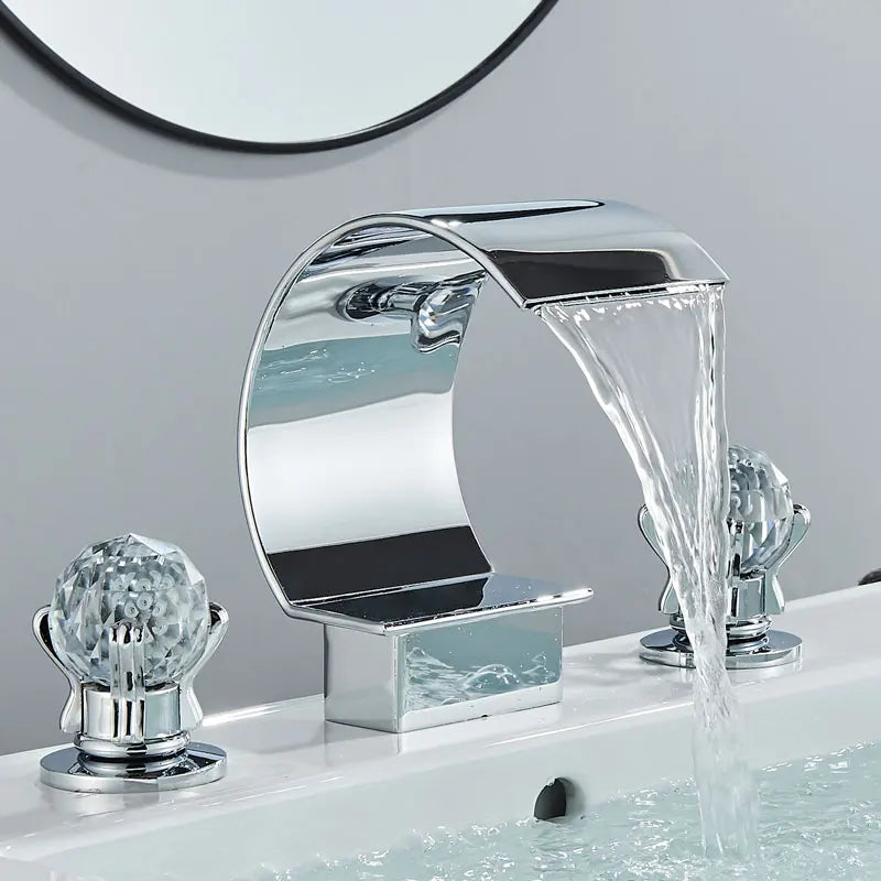 Golden Bathroom Basin Faucet Hot Cold Mixer Faucets Crystal Handle Waterfall Basin Faucet Torneira Taps Deck Mounted Sink Crane