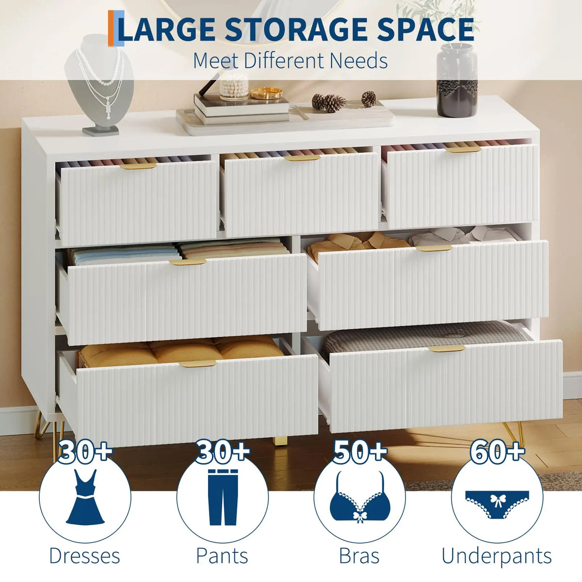 47.2 Inch 7 Drawer Dresser For Bedroom, Modern White Chest Of Drawers With Gold Metal Legs, Narrow Storage Cabinet For Entryway