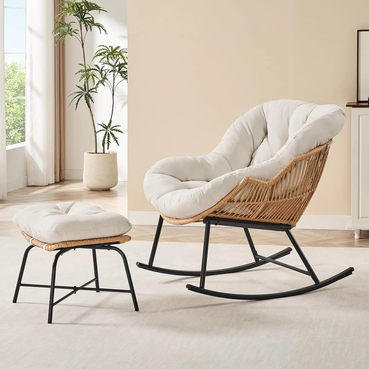 ONBRILL Rattan Papasan Rocking Chair With Ottoman Indoor Outdoor Lounge