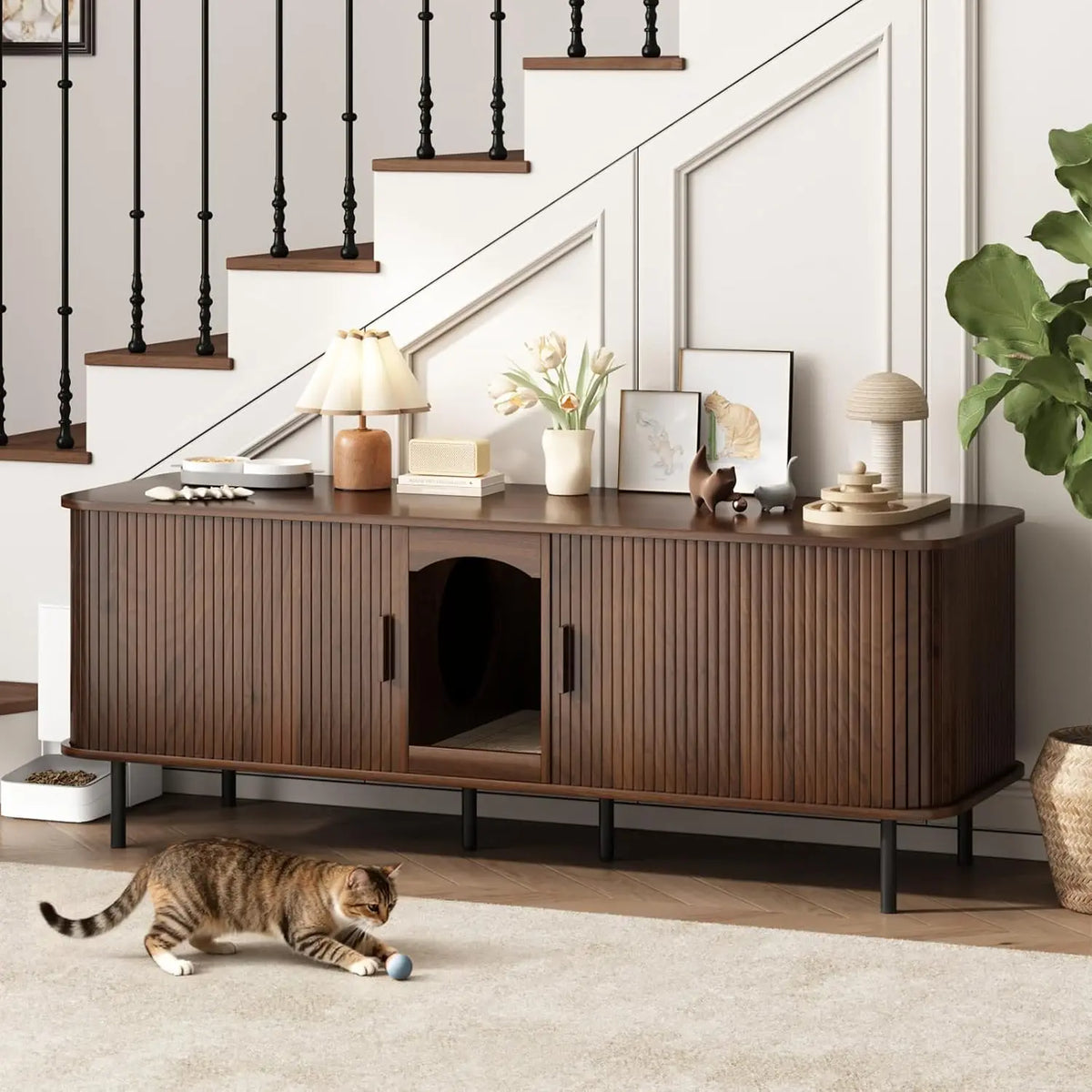 Double Cat Litter Box Enclosure Furniture, 59" Fluted Cabinet, Walnut | Large Hidden LitterBox Furniture, with Scratching Pad