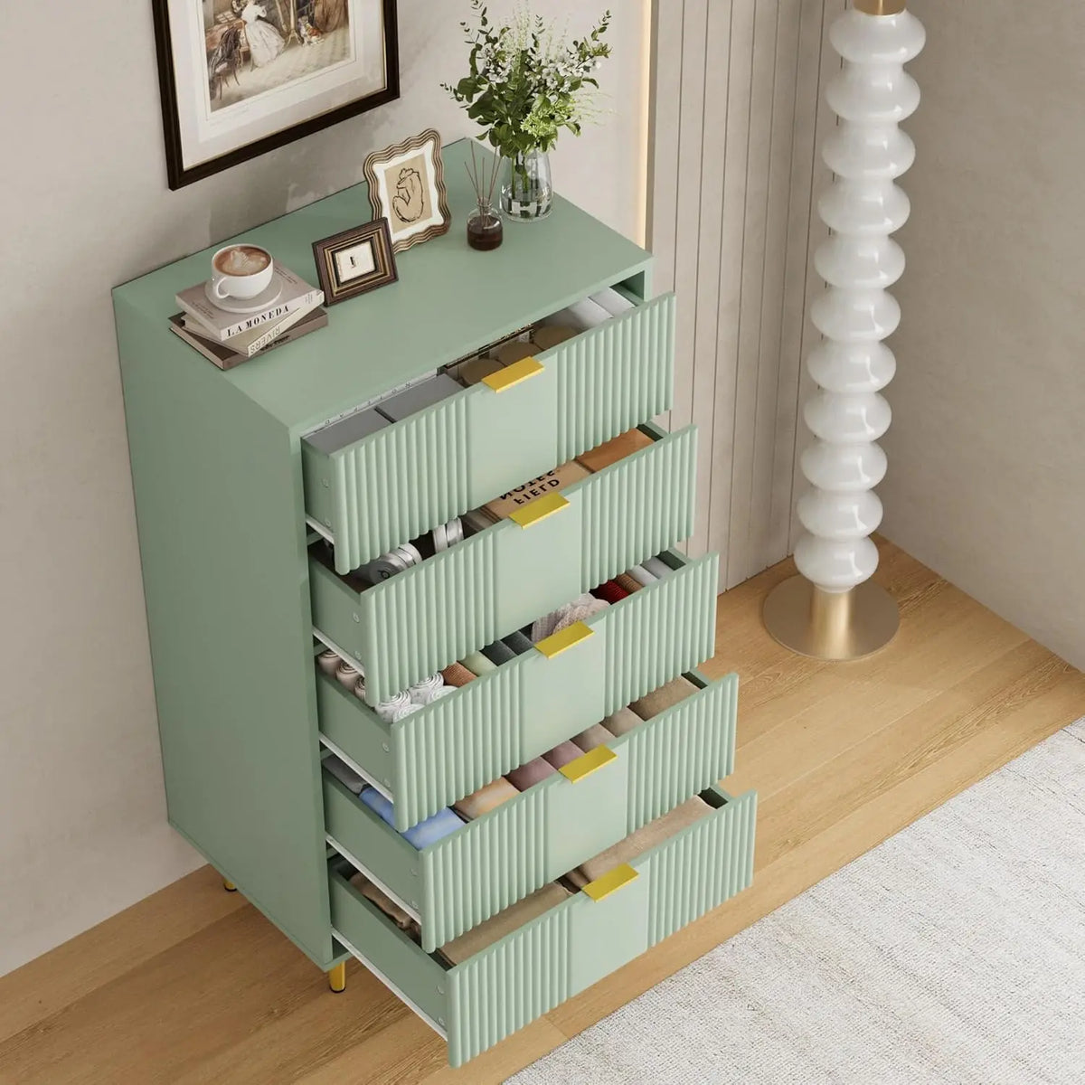 GAOMON Modern Fluted Five Drawer Dresser Chest With Vertical Storage