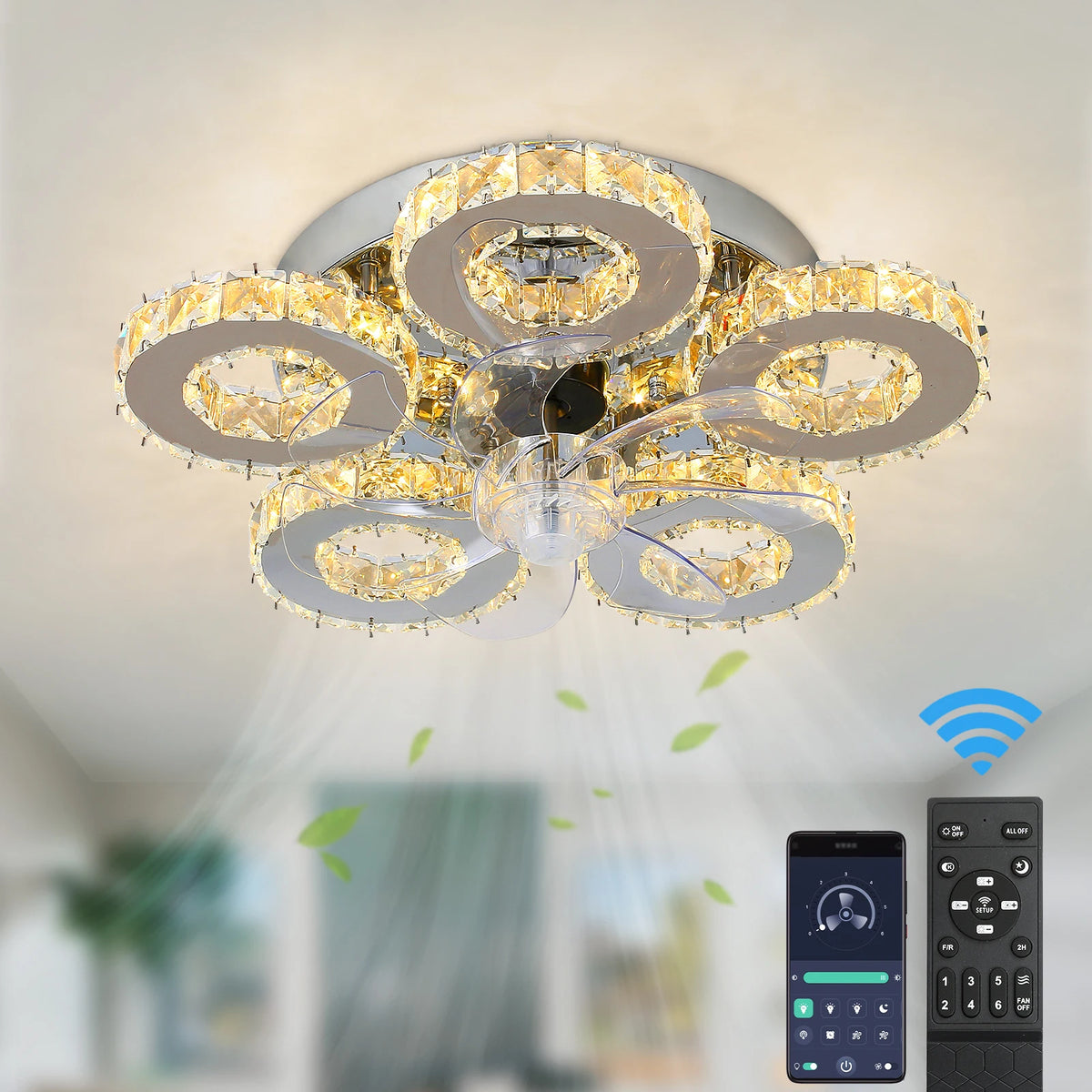 GreeLustr Modern Crystal LED Ceiling Fan Light With Remote