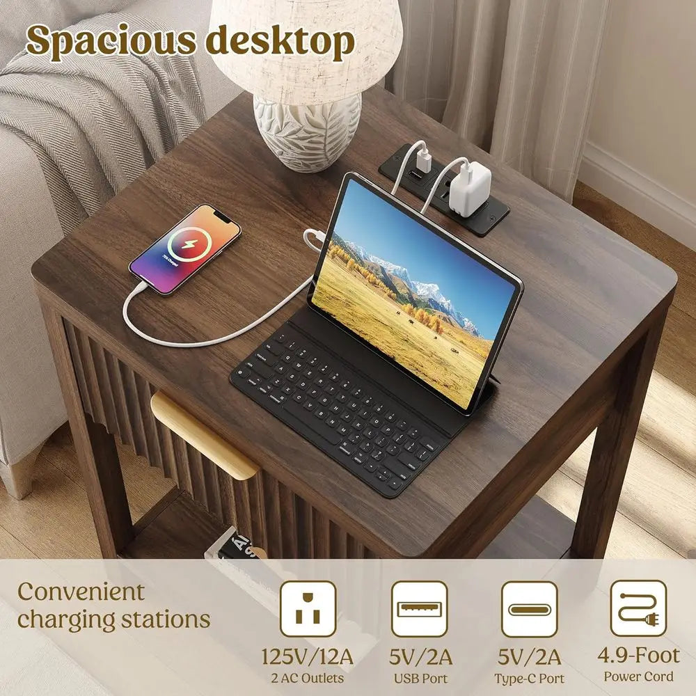 LISM Fluted Wood Nightstand With Charging Station And Storage Drawer