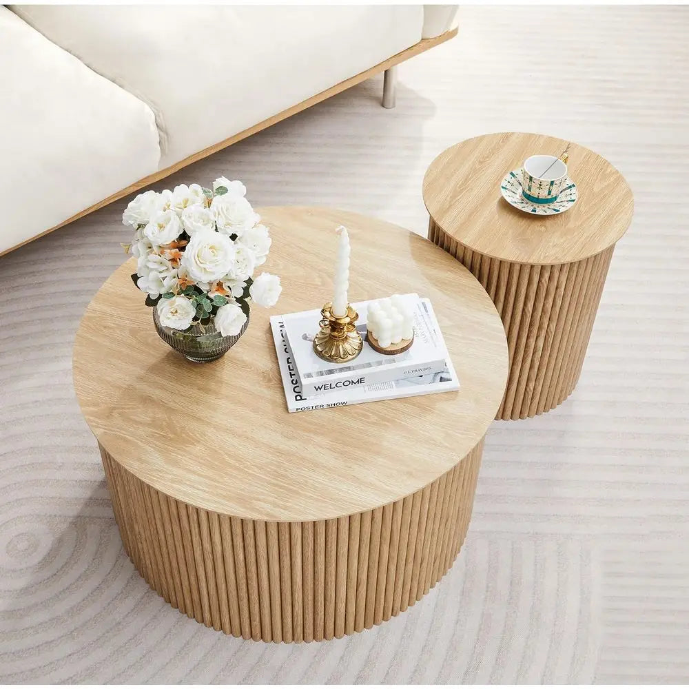 luted Round Nesting Coee Table Set o 2, Century ern Wood Coee Tables and End Table Set, Circle Side Table Minimalist Center Tabl