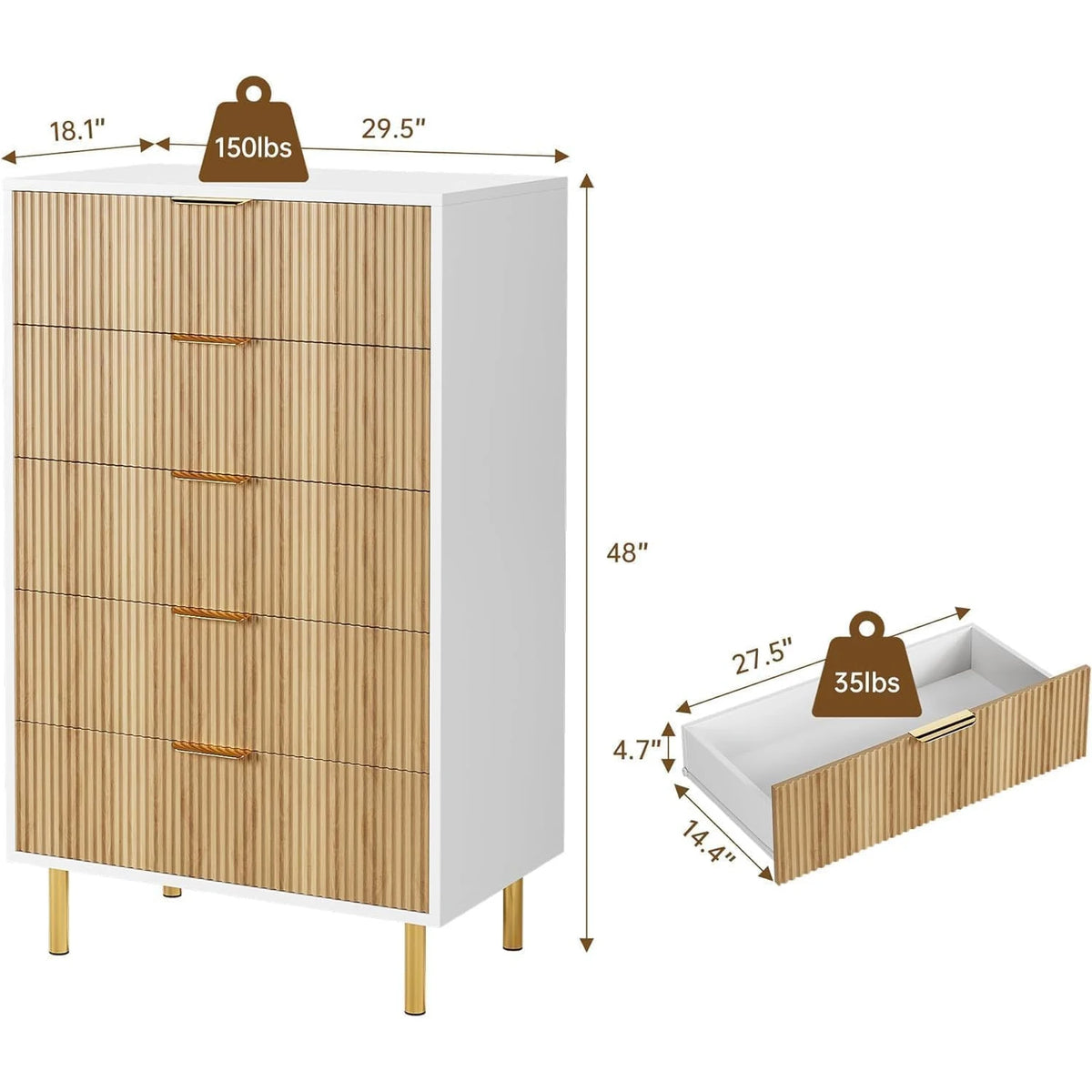 Fluted 5 Drawer Bedroom Dresser 48 Inch Metal Leg Wooden Cabinet | Groove Facade Anti Topple Safe Storage Smooth Drawer Slide Polished Hardware Elevated Base Household Dresser