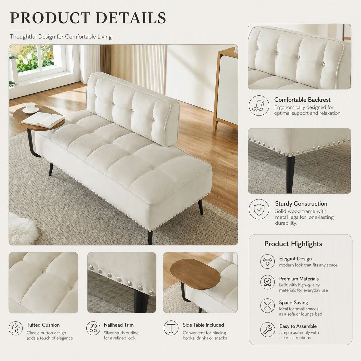 Modern Velvet Sofa With Rotating Side Table Space Saving Design