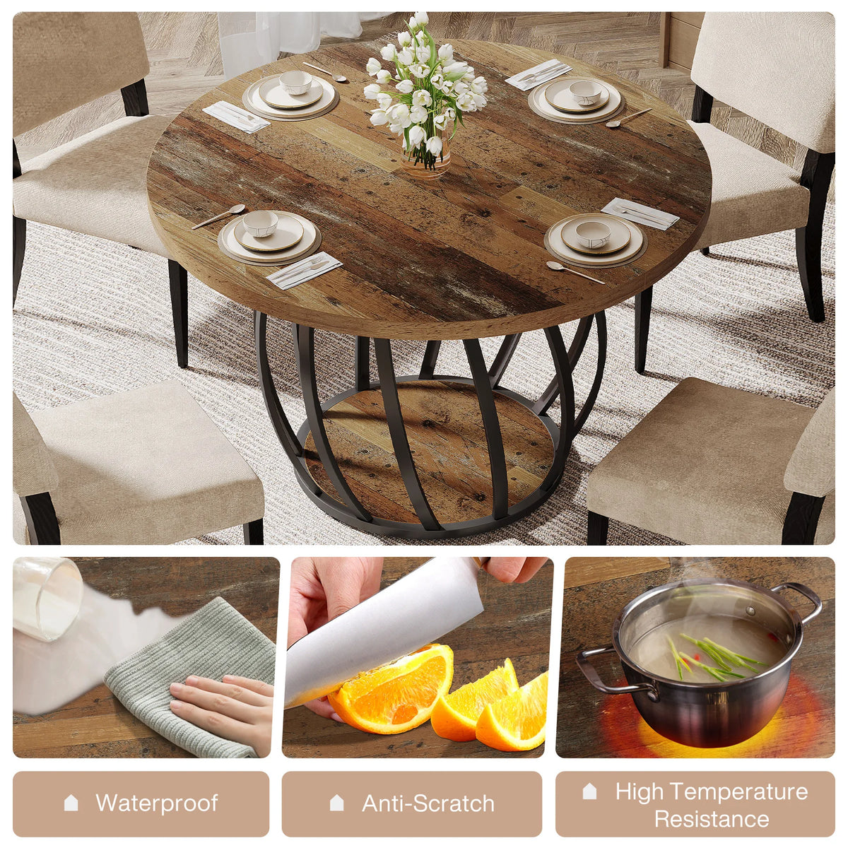 Tribesigns Round Wood Dining Table For 6 People Kitchen